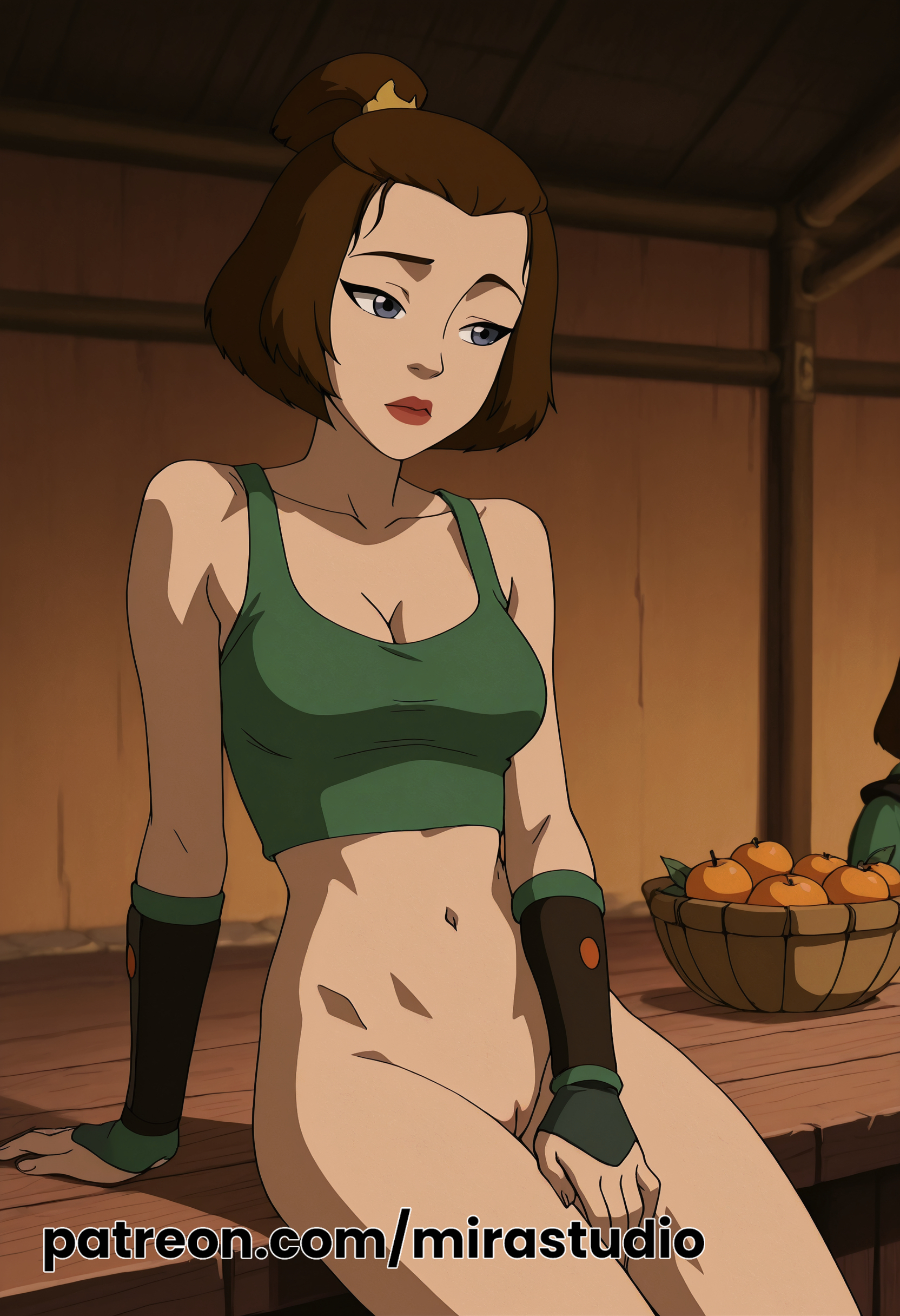 ai generated, avatar the last airbender, black hair, blue eyes, cartoon, cartoon character, fair skin, female, long hair, mirastudio, nickelodeon, suki