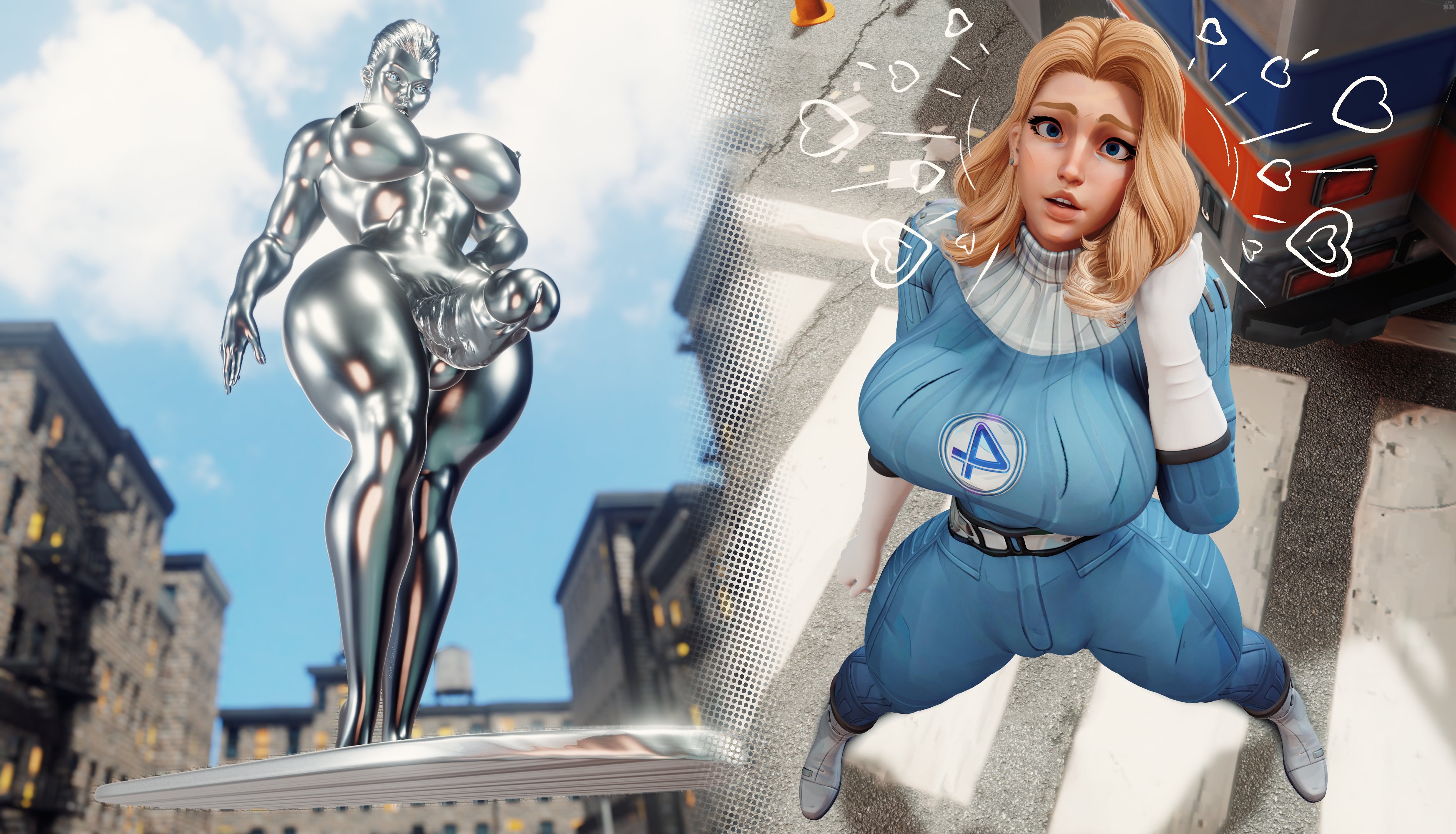 1futa, 1girls, 3d, 3d (artwork), balls, bodysuit, breasts, cameltoe, clothed female nude futa, erect nipples, erection, fantastic four, fantastic four: first steps, female, futa with female, futanari, heart, heart symbol, hearts, hearts around head, huge breasts, intersex, invisible woman, invisible woman (first steps), invisible woman (marvel rivals), jarri34, looking at partner, looking down, looking pleasured, looking up, marvel, marvel rivals, marvel rivals style, shalla-bal, silver skin, silver surfer, silver surfer (shalla-bal), sue storm, thick thighs