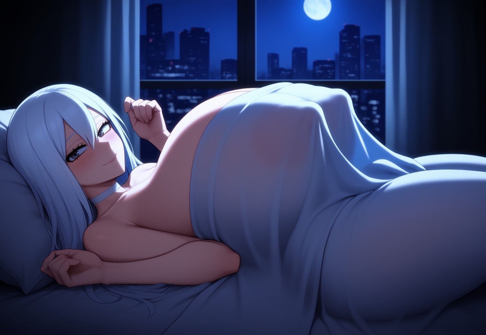 1girls, ai generated, blanket, blush, boku no hero academia, breasts, female, female only, huge breasts, large breasts, milf, moon, my hero academia, naked, naked female, night, rei todoroki, tgm101 (artist), todoroki rei, white hair