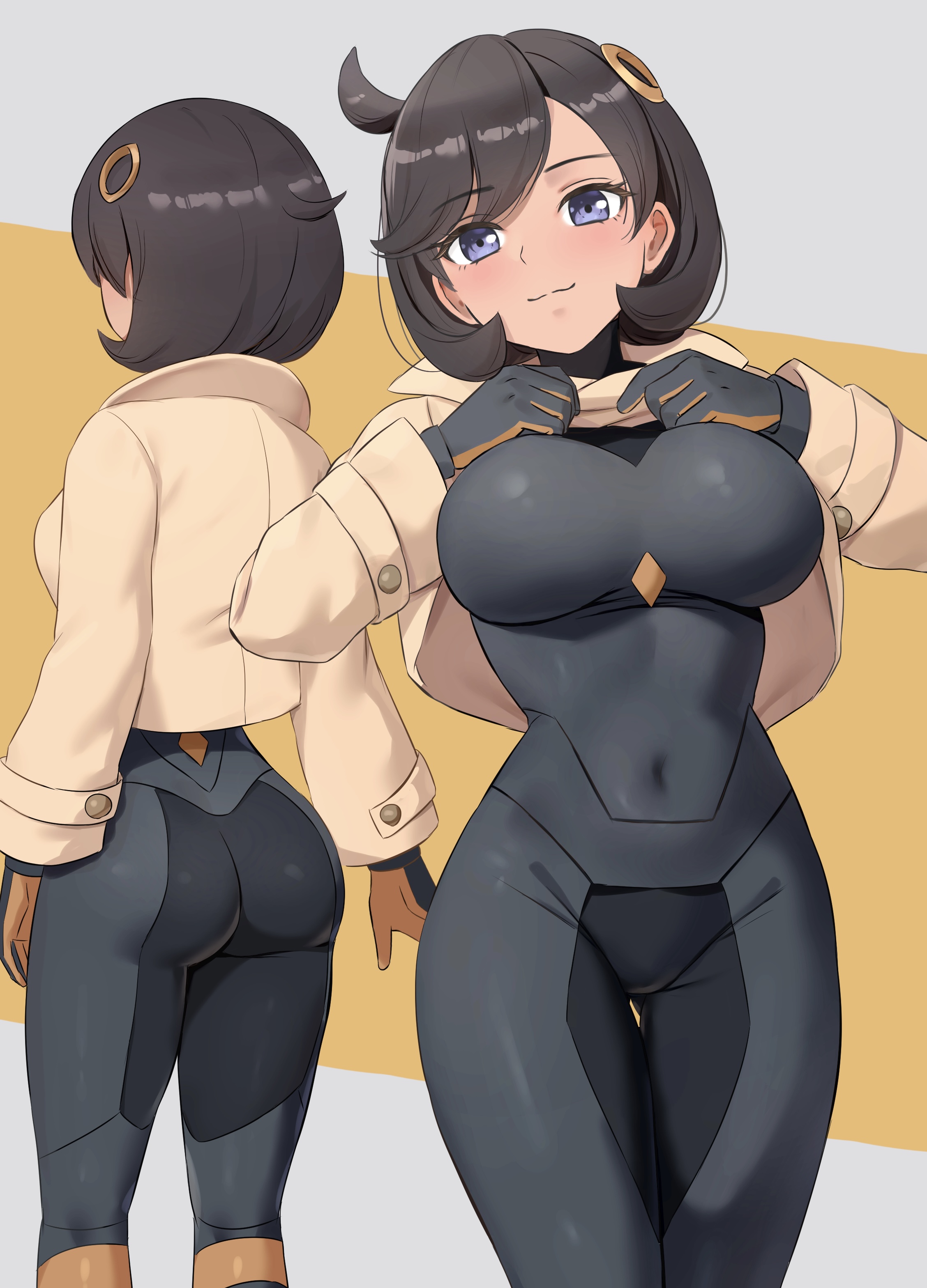 1girls, amayo thranana, ass, ass shot, back, back view, big ass, big breasts, black bodysuit, black hair, bodysuit, breasts, brown jacket, clothes lift, emma (pokemon legends: z-a), emma (pokemon), female, female only, front view, game freak, hair, hips, huge ass, jacket, matiere (pokemon legends: z-a), matiere (pokemon), multiple views, nintendo, pokemon, pokemon legends: z-a, purple eyes, short hair, solo, solo female, thick thighs, thighs, tight clothing