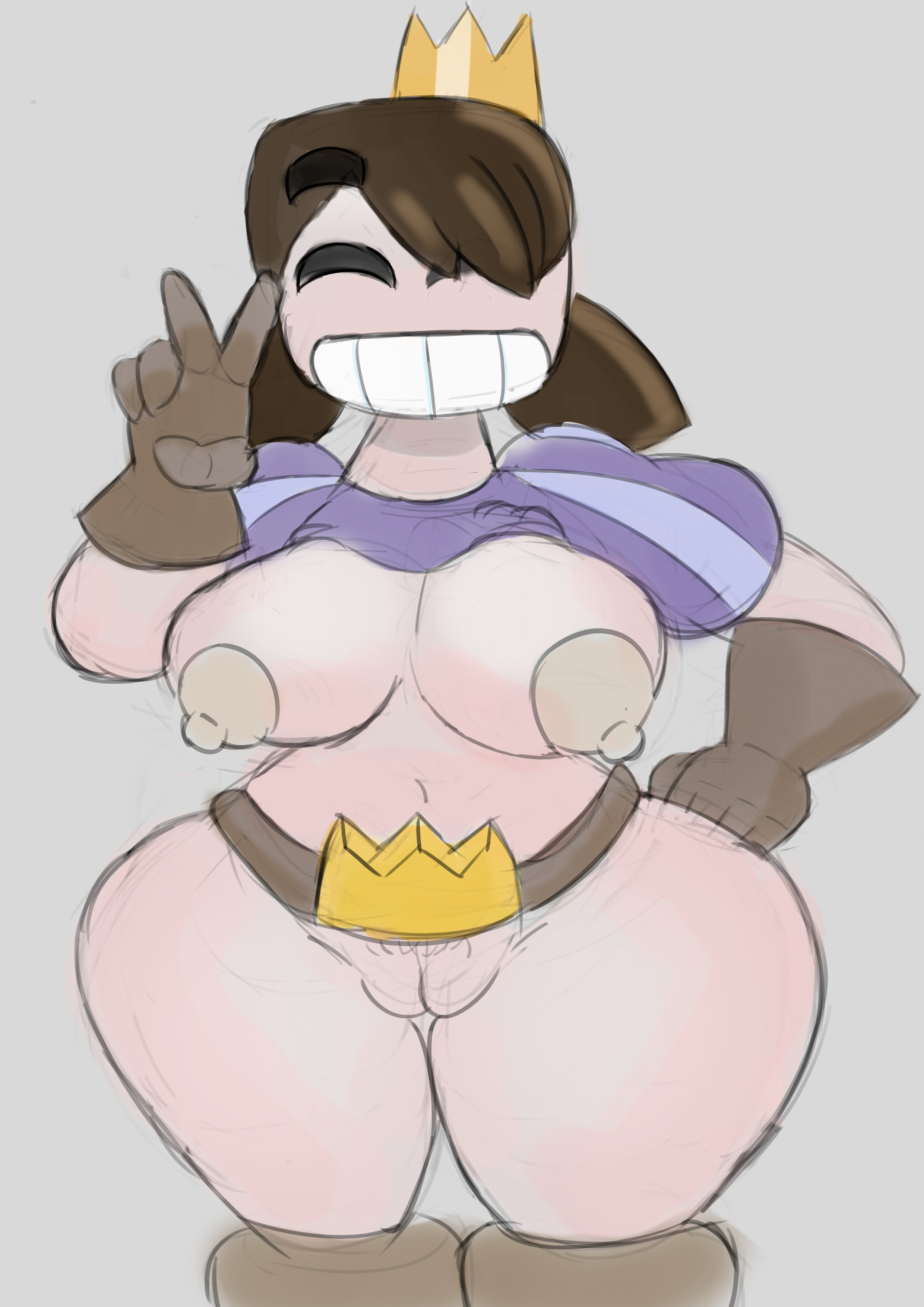 1girls, barely clothed, belt, big breasts, blue princess (clash royale), breasts, clash (series), clash royale, crown, female, female focus, female only, glitch funtime (artist), gloves, mostly nude, nipples, peace sign, princess, princess (clash royale), pussy, royalty, short hair, smile, smiling, solo, solo female, solo focus, v sign
