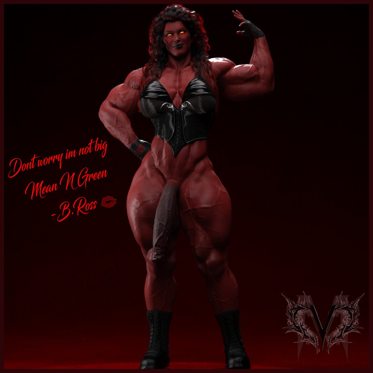 1futa, 3d, 3d model, 3d render, betty ross, big muscles, black hair, black lipstick, boots, corset, curly hair, english, english text, fingerless gloves, flexing, flexing bicep, foreskin, futa only, futanari, huge cock, intersex, jacket, marvel, marvel comics, muscles, muscular, muscular futa, nude legs, penis, red she-hulk, red skin, smile, uncircumcised, valentine mafia3d, veiny muscles, yellow eyes