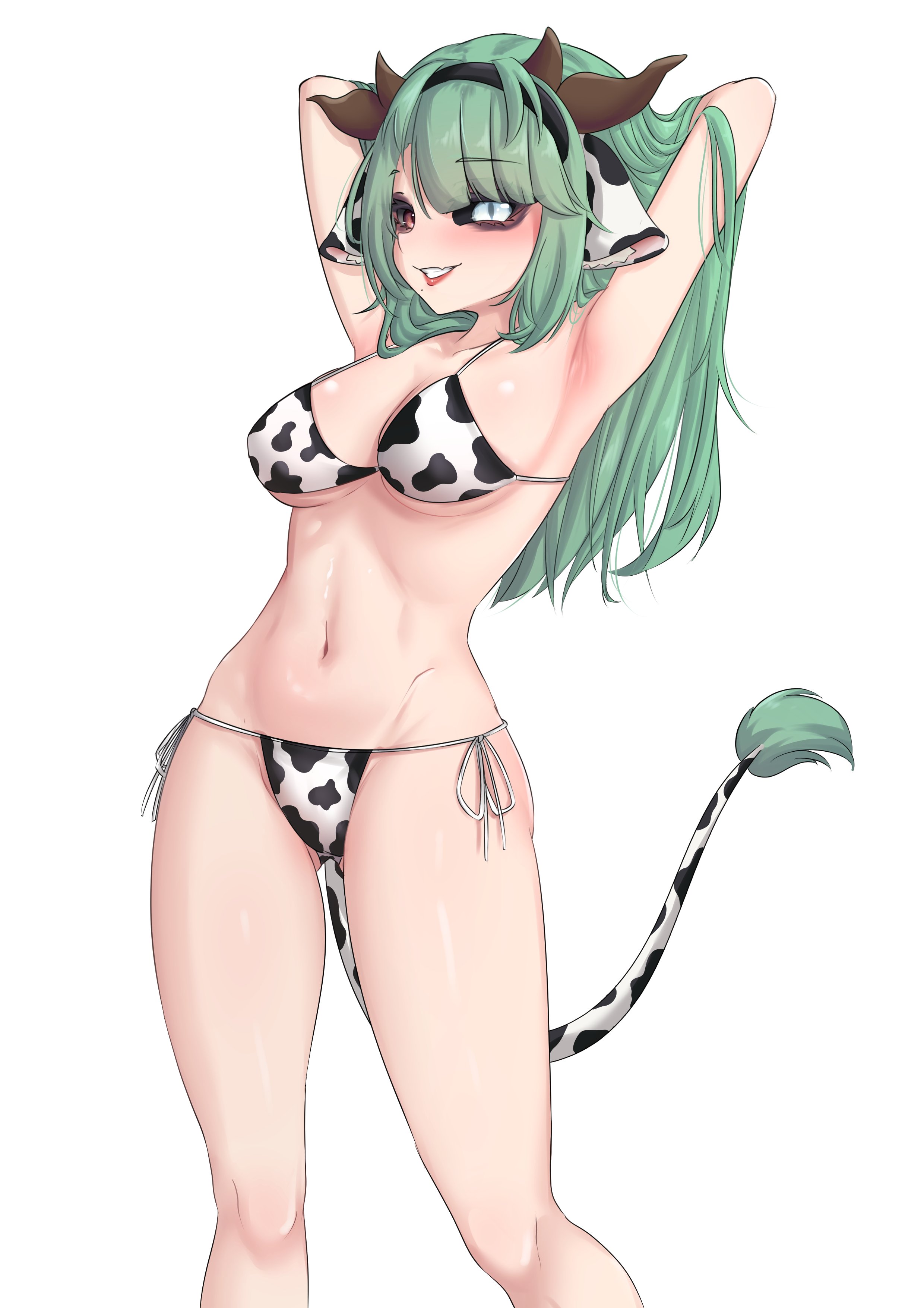 1girls, animal ears, armpits, big breasts, bikini, blue eyes, breasts, cleavage, cow ears, cow girl, cow horns, cow print, cowkini, crelly, female, female only, green hair, heterochromia, horns, indie virtual youtuber, large breasts, legs, midriff, red eyes, revealing clothes, ritspi, side ponytail, skimpy clothes, smile, thighs, virtual youtuber, vtuber