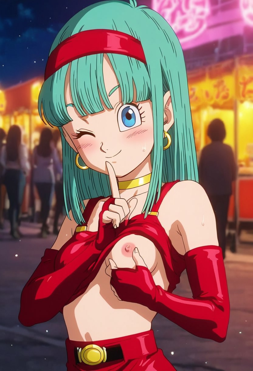 ai generated, blue hair, bra (dragon ball), dragon ball, dragon ball gt, flashing, flashing breasts, inviting, jewelry, leather clothing, public, public nudity, shushing, small breasts, spardai (artist)