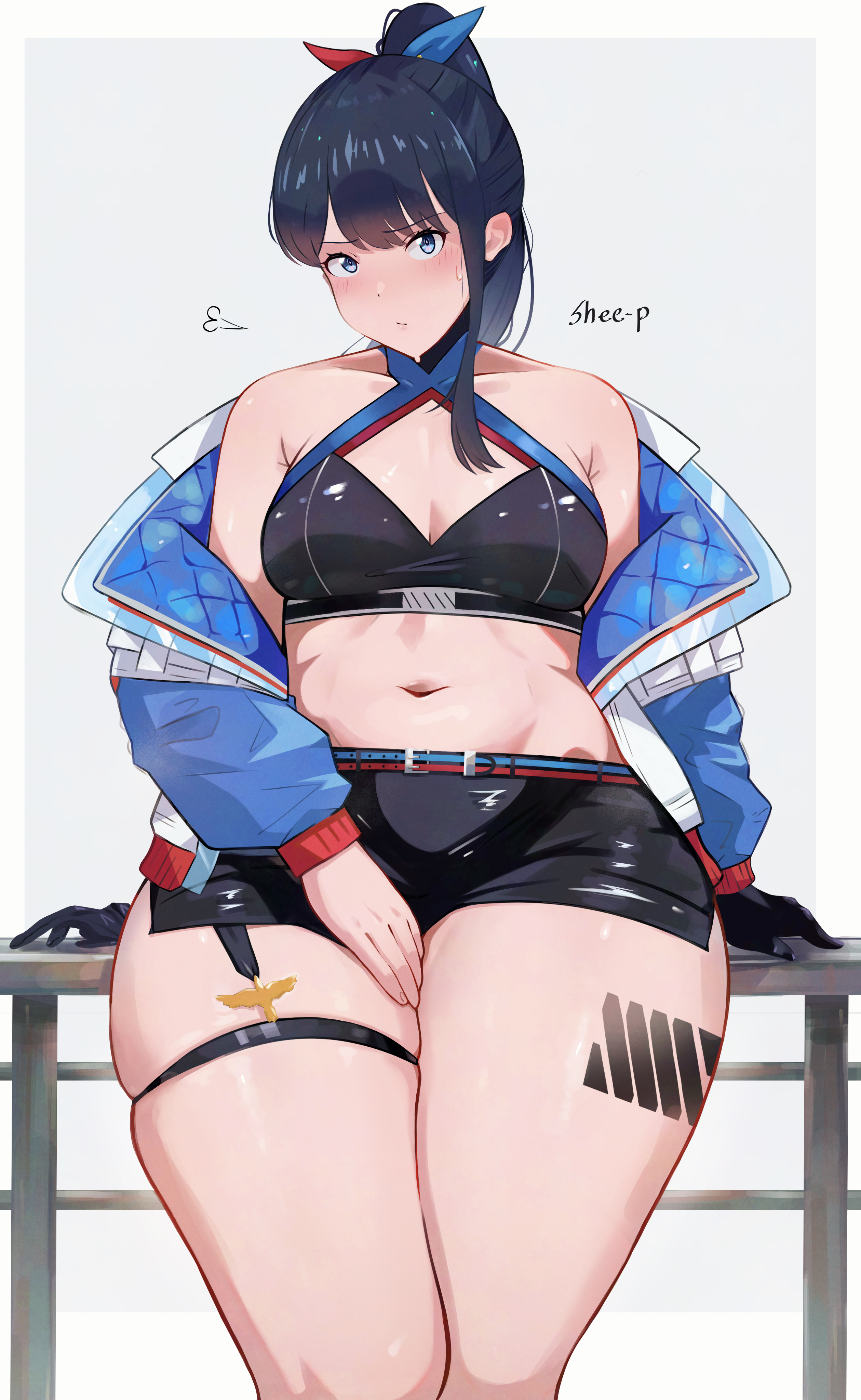 absurdres, black gloves, black hair, black shorts, blue eyes, blush, border, bow, breasts, cleavage, closed mouth, collarbone, curvy, female, gloves, grey background, gridman universe, hand in pocket, highres, jacket, long hair, looking at viewer, multicolored bow, navel, official alternate costume, open clothes, open jacket, ponytail, railing, shee-p (inemurisheep113), short shorts, shorts, sidelocks, simple background, small breasts, solo, ssss.gridman, takarada rikka, thick thighs, thigh strap, thighs, unworn gloves, white border