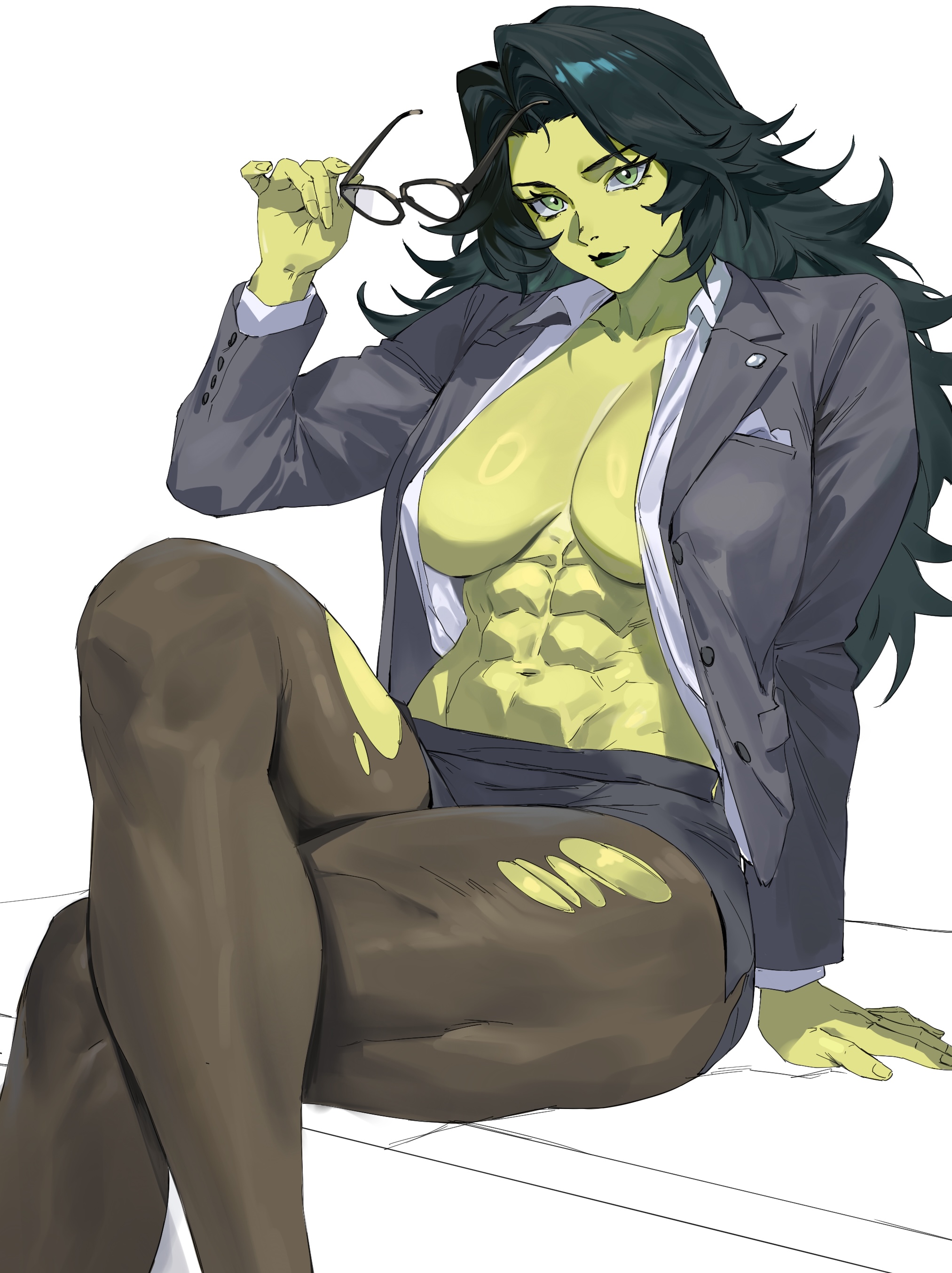 abs, absurdres, colored skin, commentary request, female, green eyes, green hair, green lips, green skin, highres, holding, holding removed eyewear, jennifer walters, long hair, looking at viewer, marvel, marvel comics, muscular, muscular female, navel, pant suit, pants, pantyhose, she-hulk, solo, suit, taiyang yu, torn clothes, torn pantyhose, unbuttoned, unbuttoned shirt, unworn eyewear
