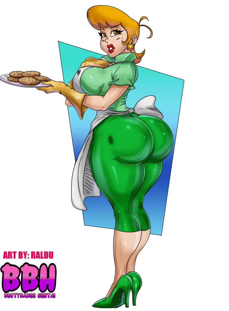 1girls, apron, artist name, ass, back view, big ass, big breasts, big butt, blonde hair, breasts, busty, cartoon network, cookie, curvy, dexter's laboratory, dexter's mom, ear piercing, earrings, english text, erect nipple, erect nipples, female, female only, gloves, green shirt, hand on breast, high heels, holding object, hourglass figure, human, latex, latex gloves, lipstick, looking at viewer, looking back, makeup, mature, milf, nipple bulge, nipples, pose, posing, raldu, red lipstick, shiny, shiny skin, shirt, sideboob, simple background, solo, standing, text, voluptuous, wide hips, yellow eyes, yellow gloves, yellow hair