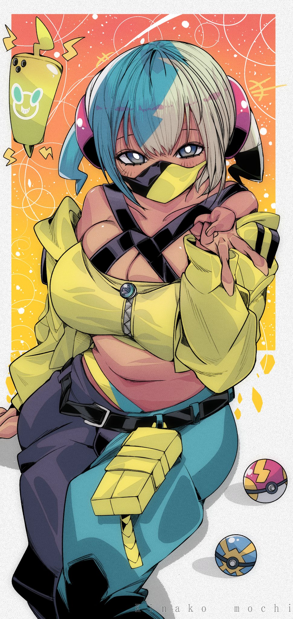1girls, bandeau, breasts, canari (pokemon), canary (pokemon), criss-cross halter, dark skin, dark-skinned female, female, female focus, female only, hair, halterneck, large breasts, light skin, light-skinned female, looking at viewer, mask, midriff, multicolored clothing, multicolored hair, multicolored mask, multicolored pants, nintendo, omochi db, pokemon, pokemon legends: z-a, solo, streetwear, thick thighs, thighs, two-tone hair, two-tone mask, two-tone pants, wide hips