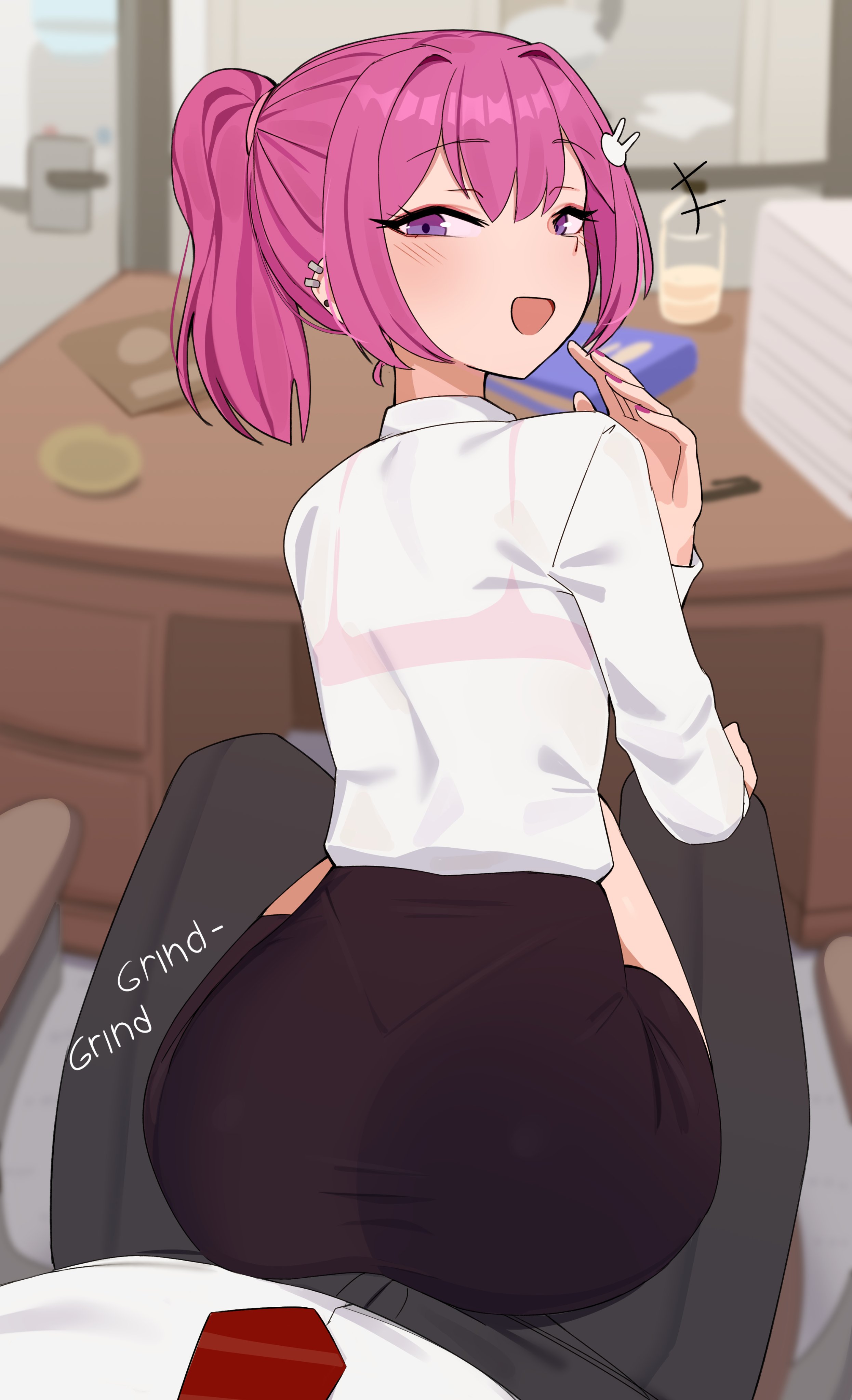 2d, 2d (artwork), ass, bra, desk, dress shirt, earrings, grinding, grinding through clothes, hairpin, hi res, looking at viewer, looking back, office, office chair, office lady, office skirt, pencil skirt, peps art, pink hair, pink nails, ponytail, pov, purple eyes, see-through clothing, see-through shirt, sitting on lap, sitting on person, skirt, tie, tight clothing
