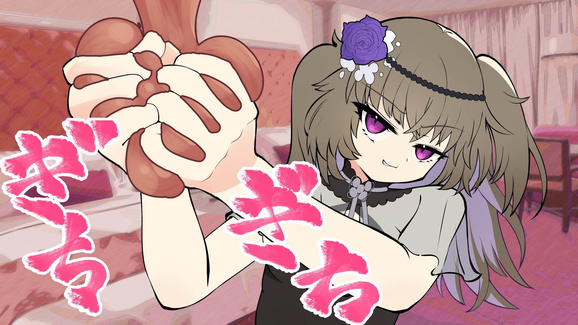 1girls, ballbusting, balls, balls squeeze, eyebrows visible through hair, eyelashes visible through hair, female, male, meimei himari, purple eyes, purple eyes female, squeezing balls, testicles, twintails, voicevox, yuuki takara