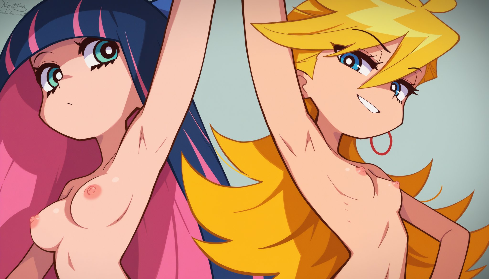 2girls, ai generated, areolae, blonde female, blonde hair, breasts, completely nude, completely nude female, dark hair, dark hair female, earrings, female, hand up, light skin, light-skinned female, looking at another, nipples, nude, nude female, nyantacy, panty & stocking with garterbelt, panty anarchy, small breasts, stocking anarchy, yellow hair