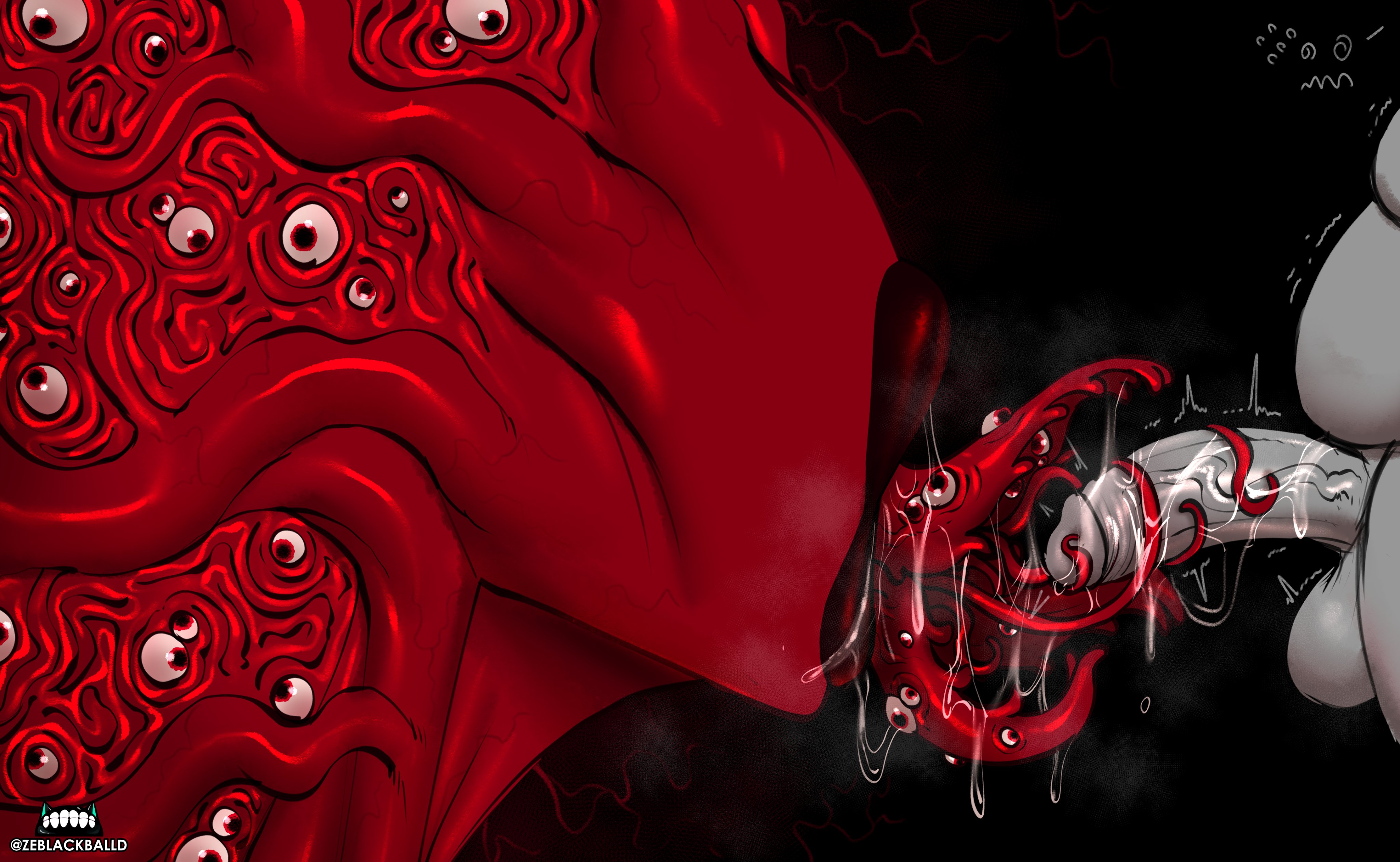 1boy, 1girls, anon, eldritch horror, fellatio, female, human, human penetrating, licking penis, light-skinned male, long tongue, male, monster, monster girl, monster on male, penis, the flesh god (zeblackballd), tongue, tongue out, urethral insertion, ze blackball.d, zeblackballd (artist)
