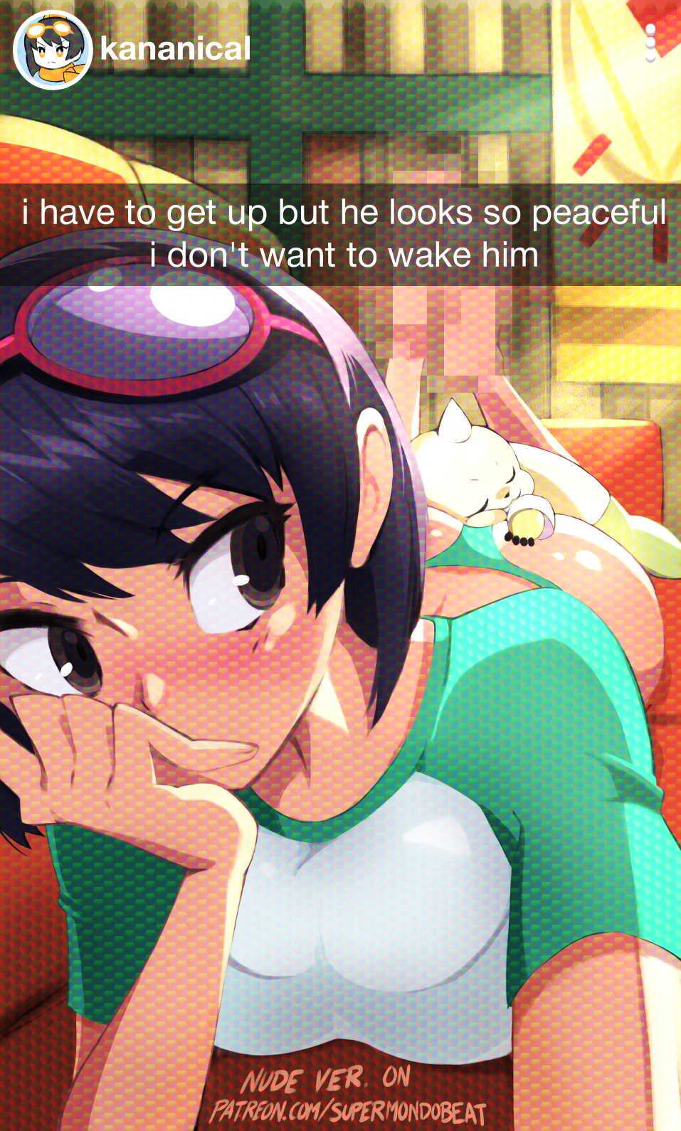 1boy, 1girls, adversarial noise, ambiguous gender, aqua panties, ass, blush, digimon, digimon (creature), digimon story, digimon story: time stranger, eyewear on head, female, finger to mouth, highres, horns, kanan yuki, lying, on stomach, paid reward available, panties, selfie, single horn, sleeping, sunglasses, supermondobeat, terriermon, underwear, yuuki kanan