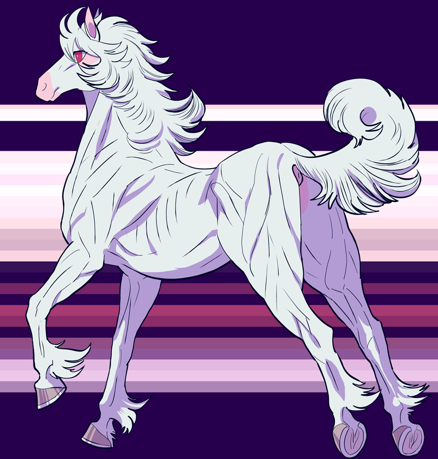 2016 ambiguous_gender anus ass equine feral fur hair hooves horse isaki mammal red_eyes side_view solo underhoof white_fur white_hair