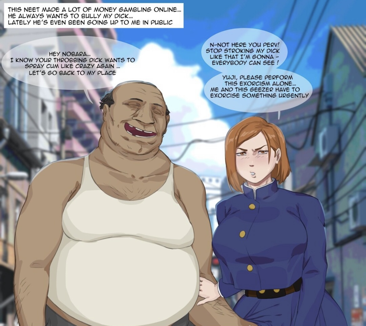 bald male, big breasts, breasts, brown hair, clothed, clothing, english text, fat male, female, femboycarti, fully clothed, futanari, intersex, jujutsu kaisen, kugisaki nobara, male, missing tooth, netorare, pale-skinned female, public indecency, school uniform, source request, speech bubble, tank top, ugly bastard