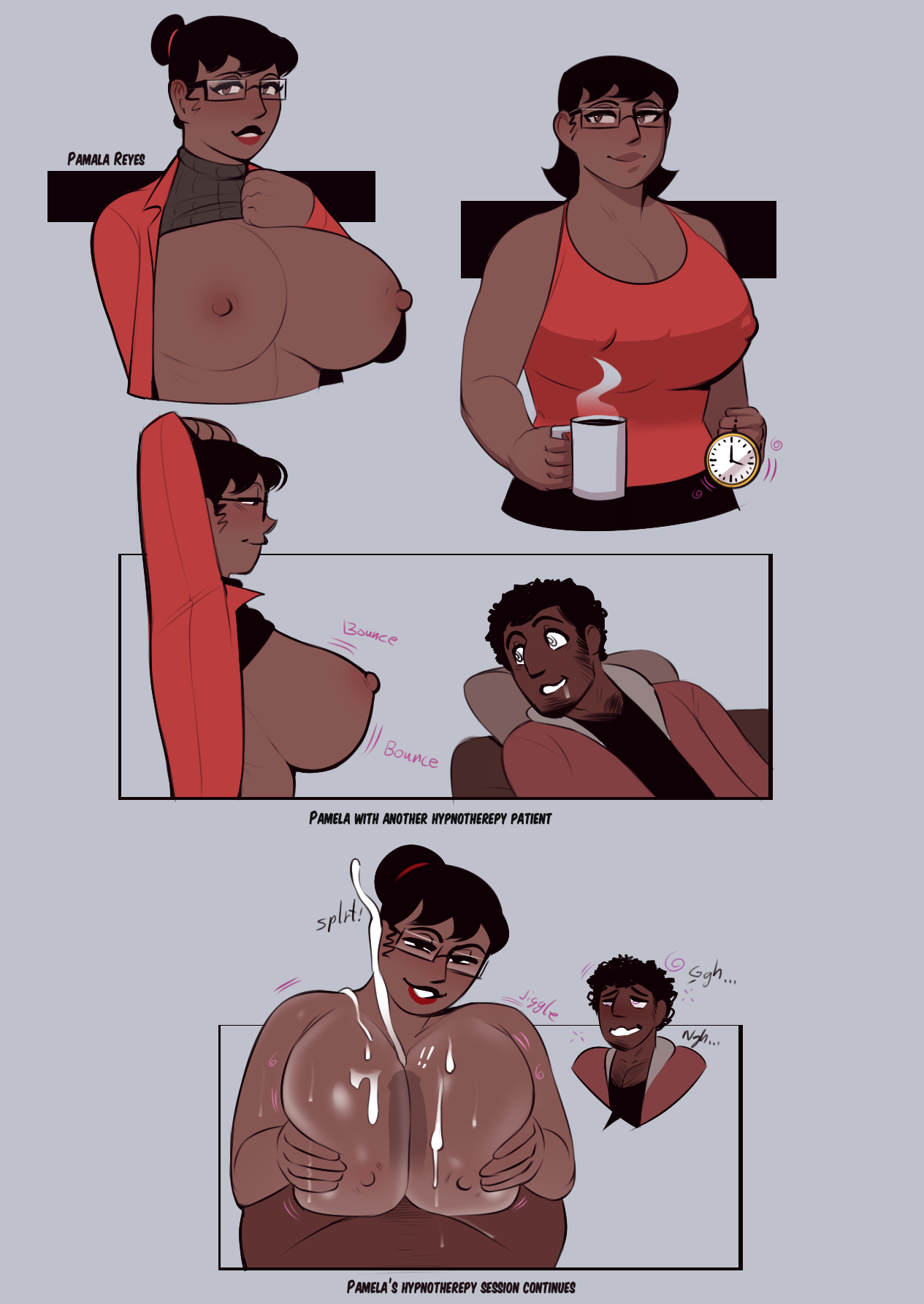 age difference, bare shoulders, big breasts, black hair, black lipstick, bouncing breasts, breast awe, breasts, cleavage, clock, comic, consensual, cum, cum on body, cum on breasts, dark skin, dark-skinned female, dark-skinned male, drool, erect nipples, female, femdom, glasses, groping, happy trance, holding breasts, huge breasts, hypnosis, hypnotic breasts, jamesab, large breasts, lipstick, male, malesub, orgasm, original, paizuri, pamela reyes (jamesab), pendulum, penis, red lipstick, shirt lift, short hair, skirt, smile, text, therapist, uncensored