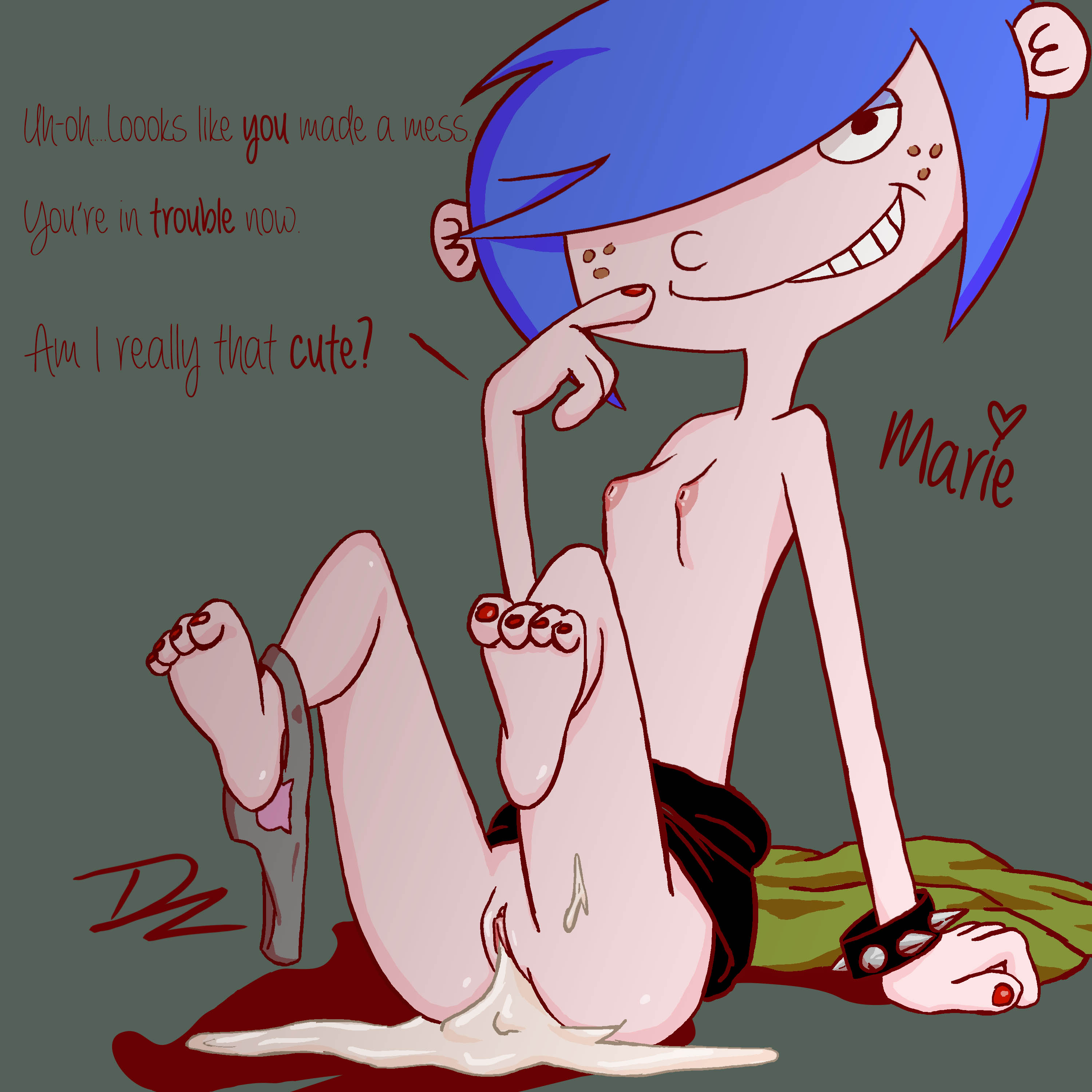 1girls, after sex, bracelet, breasts, clitoris, cum, cum in pussy, cum overflow, cum pool, cum puddle, dripping cum, dzyer, ed edd n eddy, english text, female, human, kanker sisters, labia, marie kanker, nail polish, panties, panties around leg, pussy, shaved pussy, skirt lift, small breasts, straight hair, teenager, toenail polish, topless, young