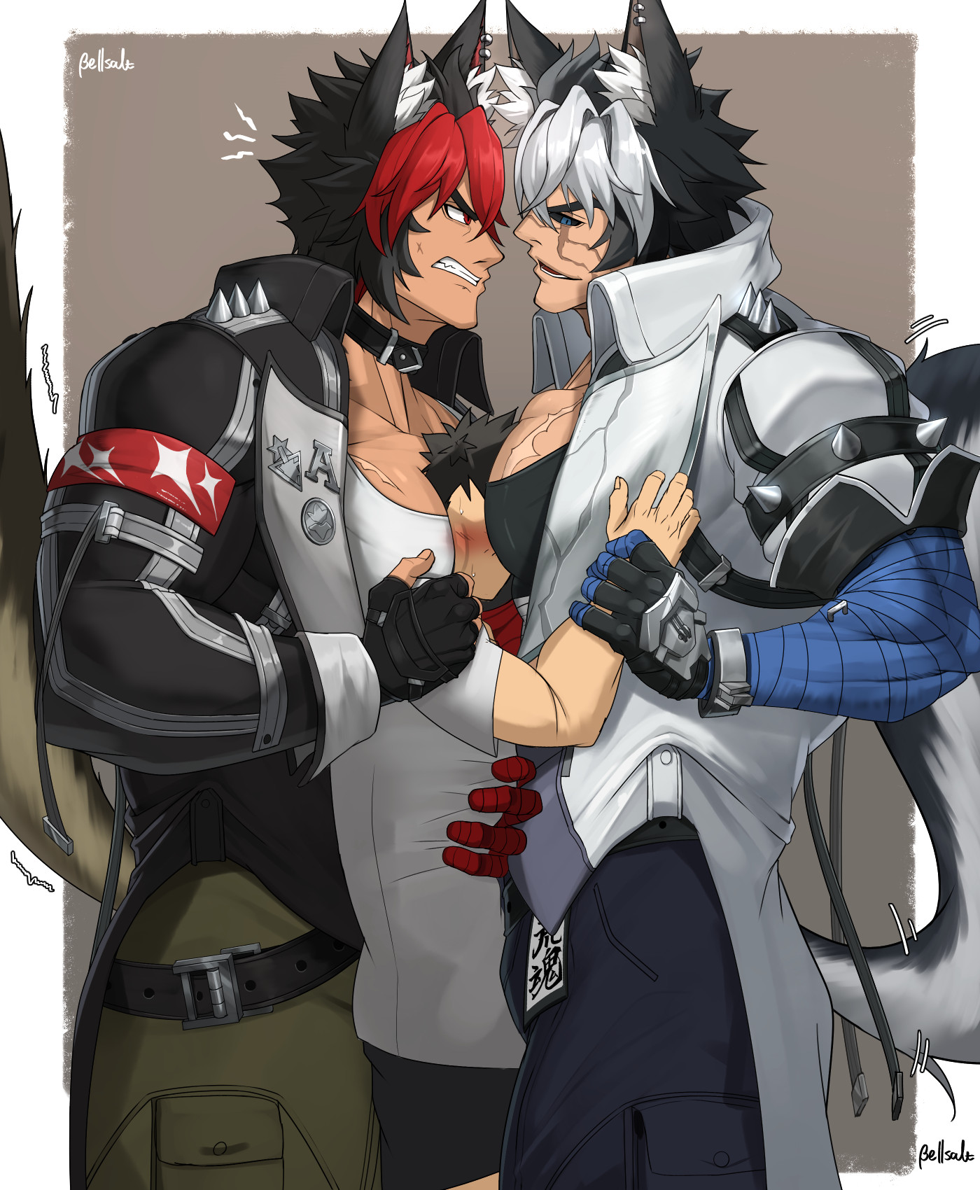 3boys, angry, animal tail, armband, artist name, bandage, bandaged arm, bara, beefy, bellsaltr, big breasts, black hair, black sclera, blue eyes, breast press, breasts, breasts bigger than head, bulge, canine, canine humanoid, clenched teeth, collar, collarbone, cross scar, ear piercing, ear tuft, earrings, ethereal (zenless zone zero), evil twin, fingerless gloves, flaccid, frown, fully clothed, gay, gloves, grabbing, grabbing from behind, grabbing wrists, grey background, height difference, hi res, huge breasts, hunk, kemonomimi, komano manato, komano manato (drowned ideal), looking at another, male, male breasts, male only, male/male, manly, mature male, multicolored hair, muscles, muscular, muscular arms, muscular male, muscular neck, no visible genitalia, official alternate costume, open clothes, oppai, pecs, red eyes, red hair, sandwich position, sandwiched, scar, scar across eye, scar on chest, scar on face, short hair, side view, silver hair, size difference, spiked armband, spikes, standing, staples, threesome, tough guy, trio, twins, two-tone hair, white border, yaoi, zenless zone zero