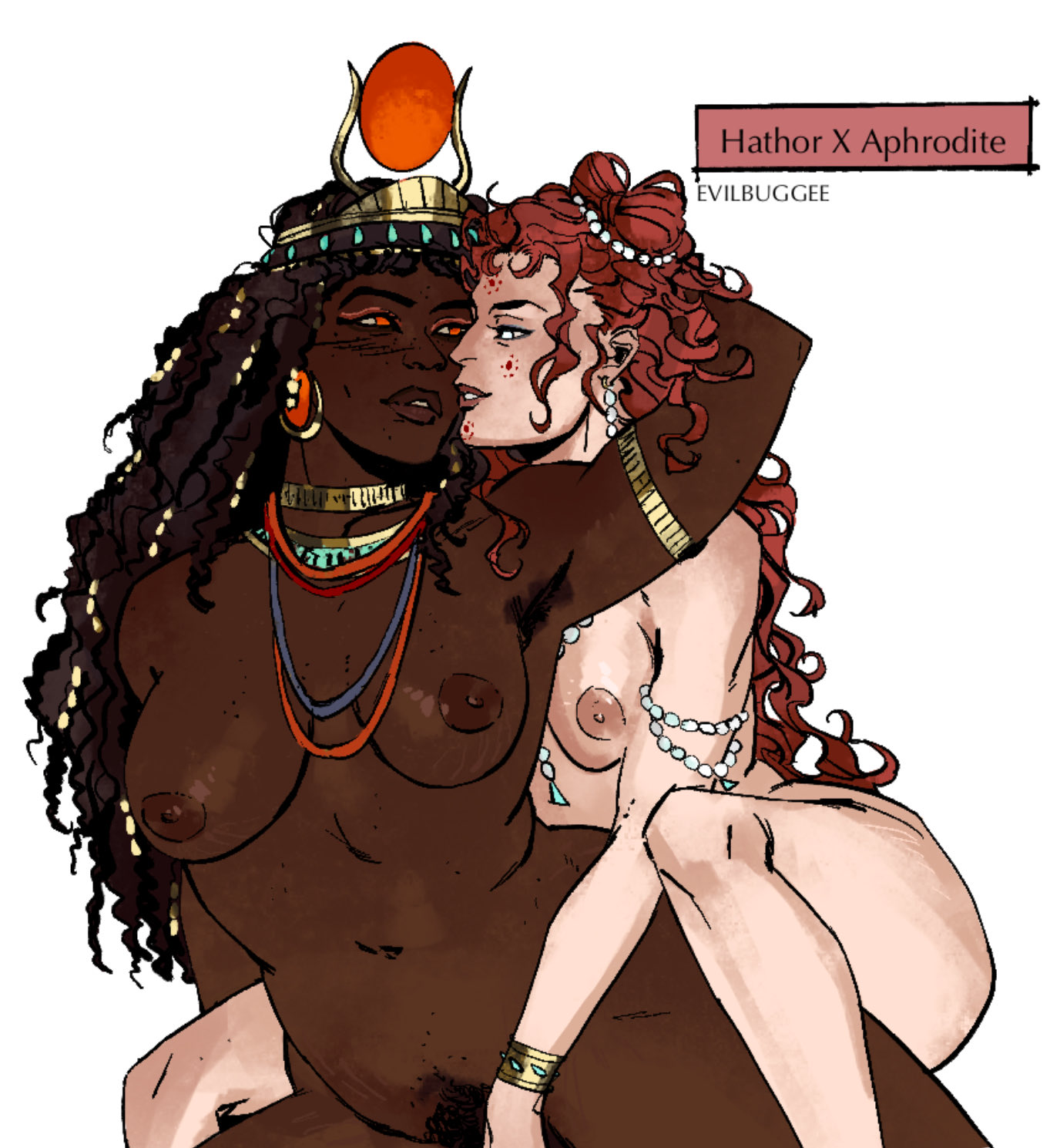 2d, about to kiss, aphrodite, aphrodite (greek mythology), body hair, dark hair, dark skin, deity, egyptian mythology, egyptian pagan on hellenic pagan, european mythology, evilbuggee, eye contact, female, female only, greek mythology, hathor, hathor (egyptian mythology), interracial, lesbian sex, long hair, mythology, mythology rarepair, nude, nude female, nudity, pagan, pale skin, public domain, pussy, pussy hair, red hair, wholesome, yuri
