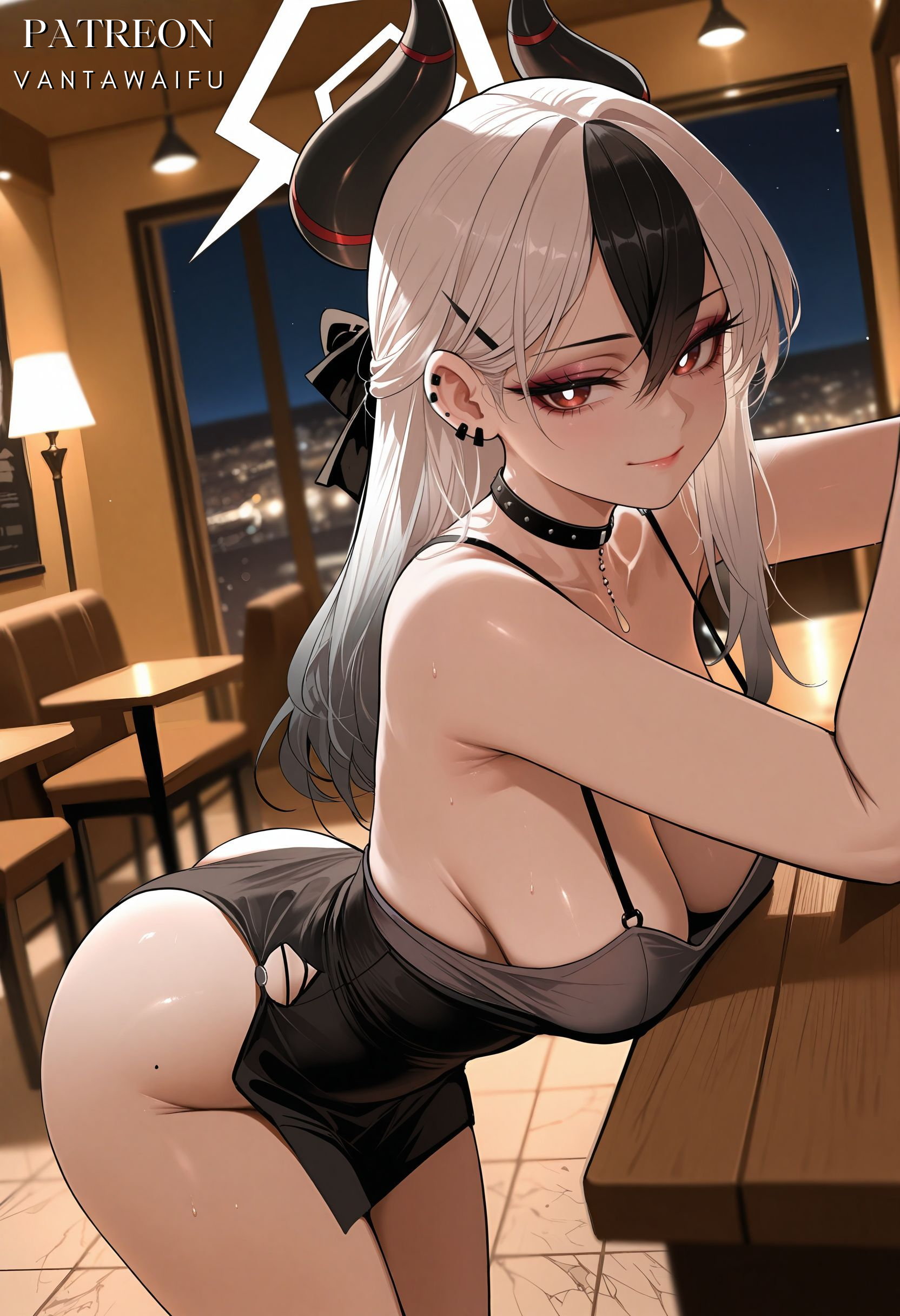 ai generated, alternate costume, artist name, ass, bangs, bare shoulders, bent over, black choker, black dress, black hair, black horns, blue archive, blush, breasts, bright pupils, ceiling light, choker, cleavage, closed mouth, clothing, demon horns, dress, ear piercing, earrings, female, hair between eyes, hair ornament, halo, horns, indoors, jewelry, kayoko (blue archive), kayoko (dress) (blue archive), lamp, large breasts, leaning forward, long hair, looking at viewer, mole, mole on breast, mole on neck, multicolored hair, netorare, night, ntr, onikata kayoko, patreon username, piercing, red eyes, sleeveless, smile, solo, table, thighs, two-tone hair, vantawaifu, web address, white hair, white pupils