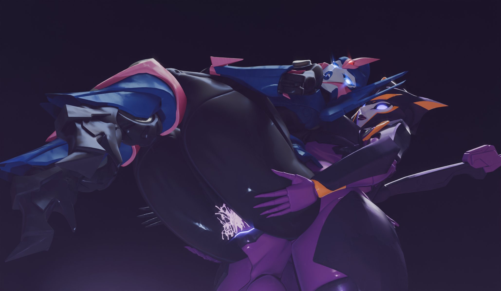 1futa, 1girls, 3d, 3d (artwork), 3d model, airachnid, arcee, arcee (prime), big breasts, black body, blue body, blue eyes, breasts, cybertronian, female, futa on female, futanari, intersex, purple body, purple eyes, robot, robot girl, soundpunk501, thick thighs, transformers, transformers prime