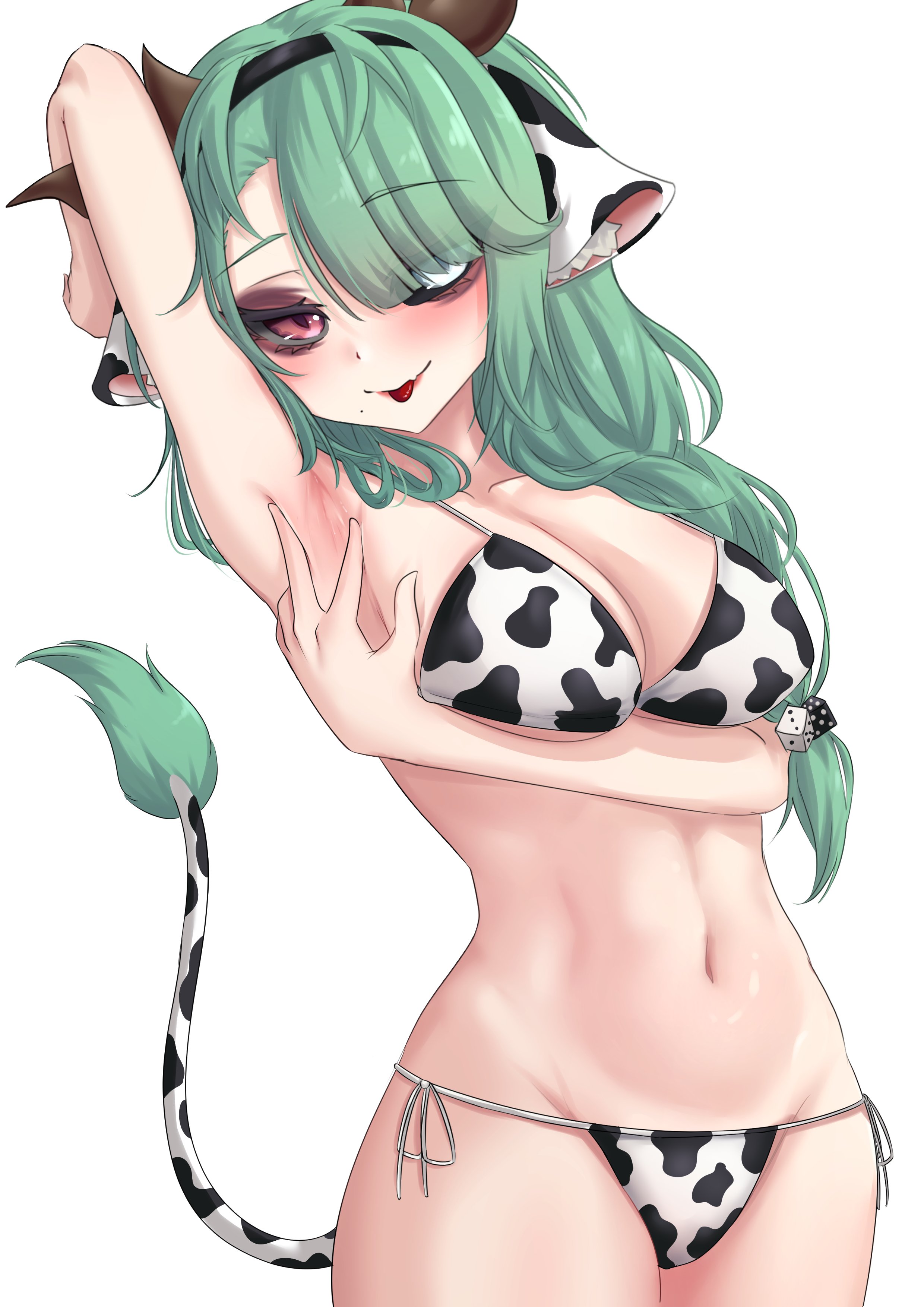 1girls, animal ears, armpit fetish, armpits, big breasts, bikini, blue eyes, breasts, cow ears, cow girl, cow horns, cow print, cowkini, crelly, female, green hair, heterochromia, horns, indie virtual youtuber, large breasts, legs, midriff, red eyes, ritspi, side ponytail, smile, thighs, tongue out, virtual youtuber, vtuber