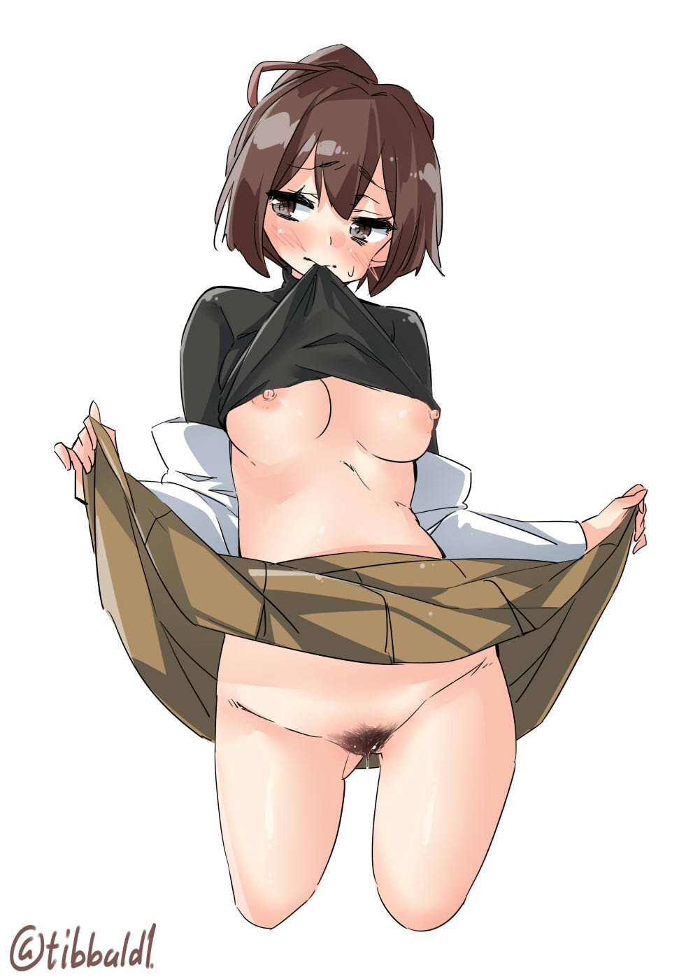 ass_visible_through_thighs bangs blush breasts brown_eyes brown_hair brown_ribbon brown_skirt clothes_lift cowboy_shot cropped_legs ebifurya eyebrows_visible_through_hair female groin hair_ribbon highres ise_(kantai_collection) kantai_collection lifted_by_self long_sleeves looking_at_viewer medium_breasts mouth_hold nipples no_bra no_panties ponytail pubic_hair pussy_juice ribbon short_hair simple_background skirt skirt_lift solo stomach sweat twitter_username undershirt white_background