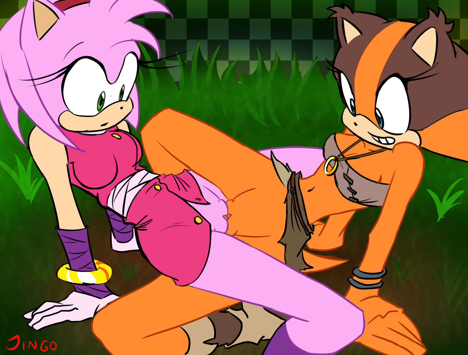 2016, amy rose, amy rose (boom), anthro, badger, bottomless, breasts, brown fur, captainjingo, clitoris, clothed, clothing, duo, female, fur, hedgehog, hi res, interspecies, mammal, mustelid, orange fur, pink fur, pussy, sega, sex, shoes, sonic (series), sonic boom, sonic the hedgehog (series), sticks the badger, tribadism, yuri