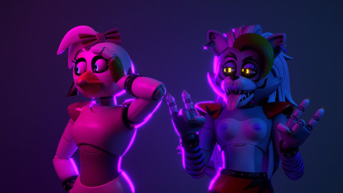 2girls, 3d, animatronic, anthro, ashleyorange, avian, avian humanoid, breasts, female, female only, five nights at freddy's, five nights at freddy's: security breach, glamrock chica (fnaf), medium breasts, nipples, purple eyes, roxanne wolf (fnaf), showing breasts, showing off, slithinet, tongue, tongue out, topless, topless female, wolf, wolf ears, wolf girl, wolf humanoid, wolf tail, yellow eyes