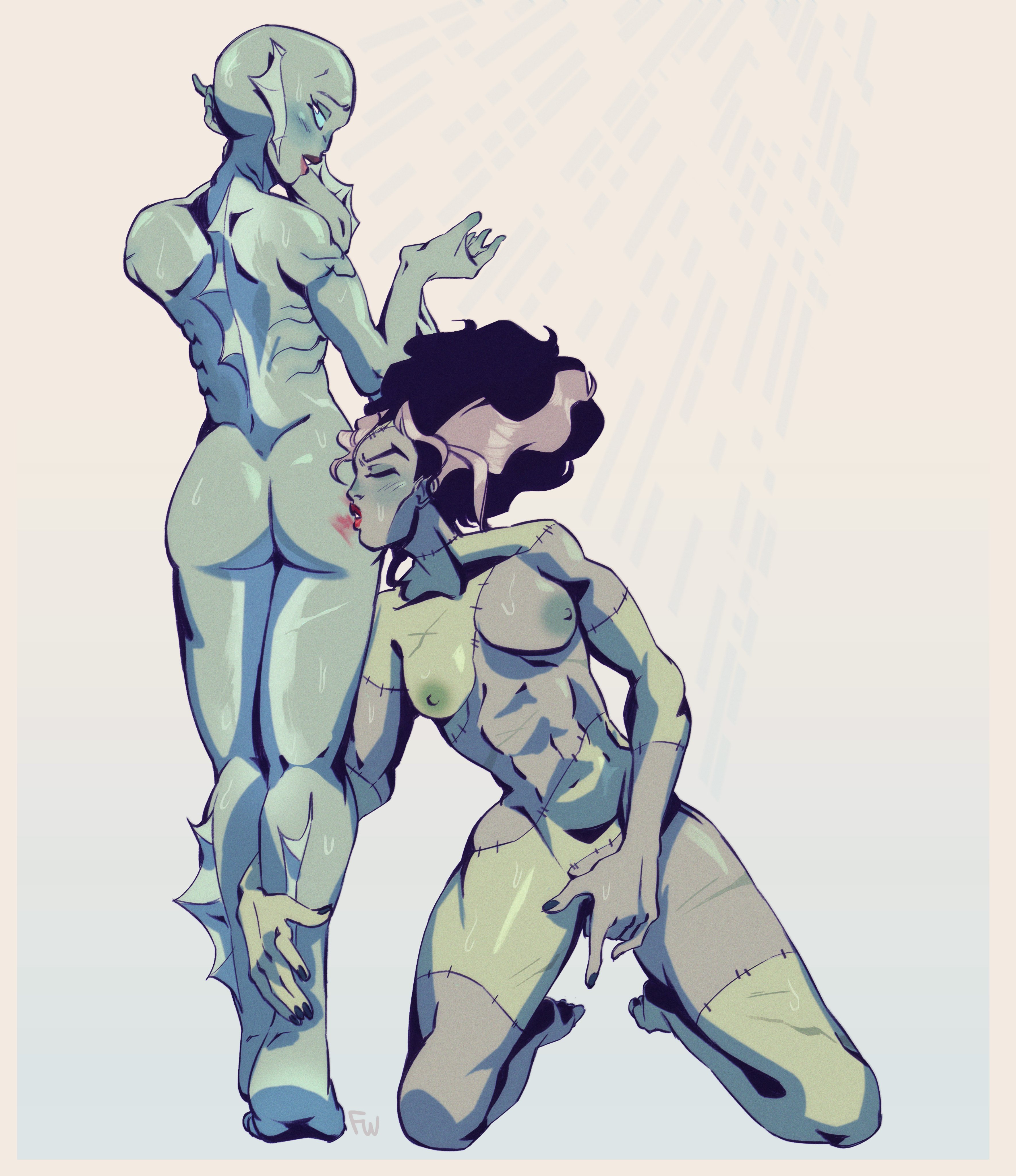 2girls, aquatic, ass, breasts, bride of frankenstein, creature commandos, dc, dc comics, dcu, female, firreworks, fish girl, frankenstein, masturbation, nina mazursky, nipples, nude, pussy, the bride (creature commandos), yuri, zombie, zombie girl