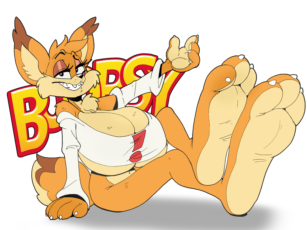 ! 3_fingers 3_toes arm_support big_feet bobcat bubsy bubsy_(series) chest_tuft claws eyelashes feet feline female fluffy_tail heels hyper_breasts inner_ear_fluff looking_at_viewer loose_shirt lying_on_side paws rabid rule_63 sitting smile soles toes video_games