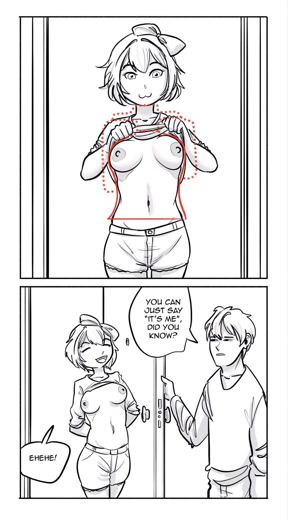 :3, 1boy, 1girls, big breasts, biometric verification, bow, breasts, comic, dialogue, doki doki literature club, door, english text, female, female focus, jean shorts, lascivious art, lewd security verification, line art, male, mc (doki doki literature club!), meme, reddit link, sayori (doki doki literature club), shirt, shirt lift, shirt up, shorts, text, trend, twitter link, verification, wholesome
