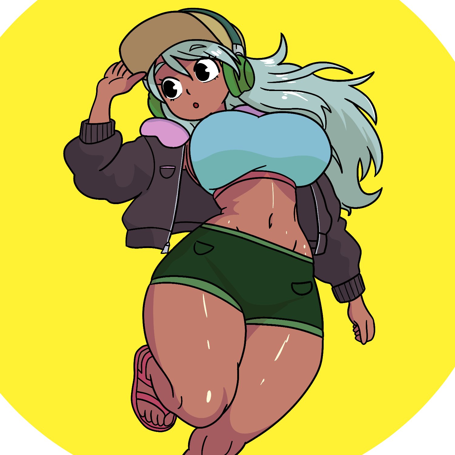 1girls, aqua hair, ass, baseball cap, big ass, big breasts, big thighs, black eyes, breasts, brown skin, cropped jacket, dark skin, dark-skinned female, diabeticcat, dolly dimpley, female, gigantic ass, gigantic thighs, headphones, hoodie, huge ass, huge breasts, huge thighs, long hair, open mouth, short shorts, smiling friends, solo, thick thighs, thighs