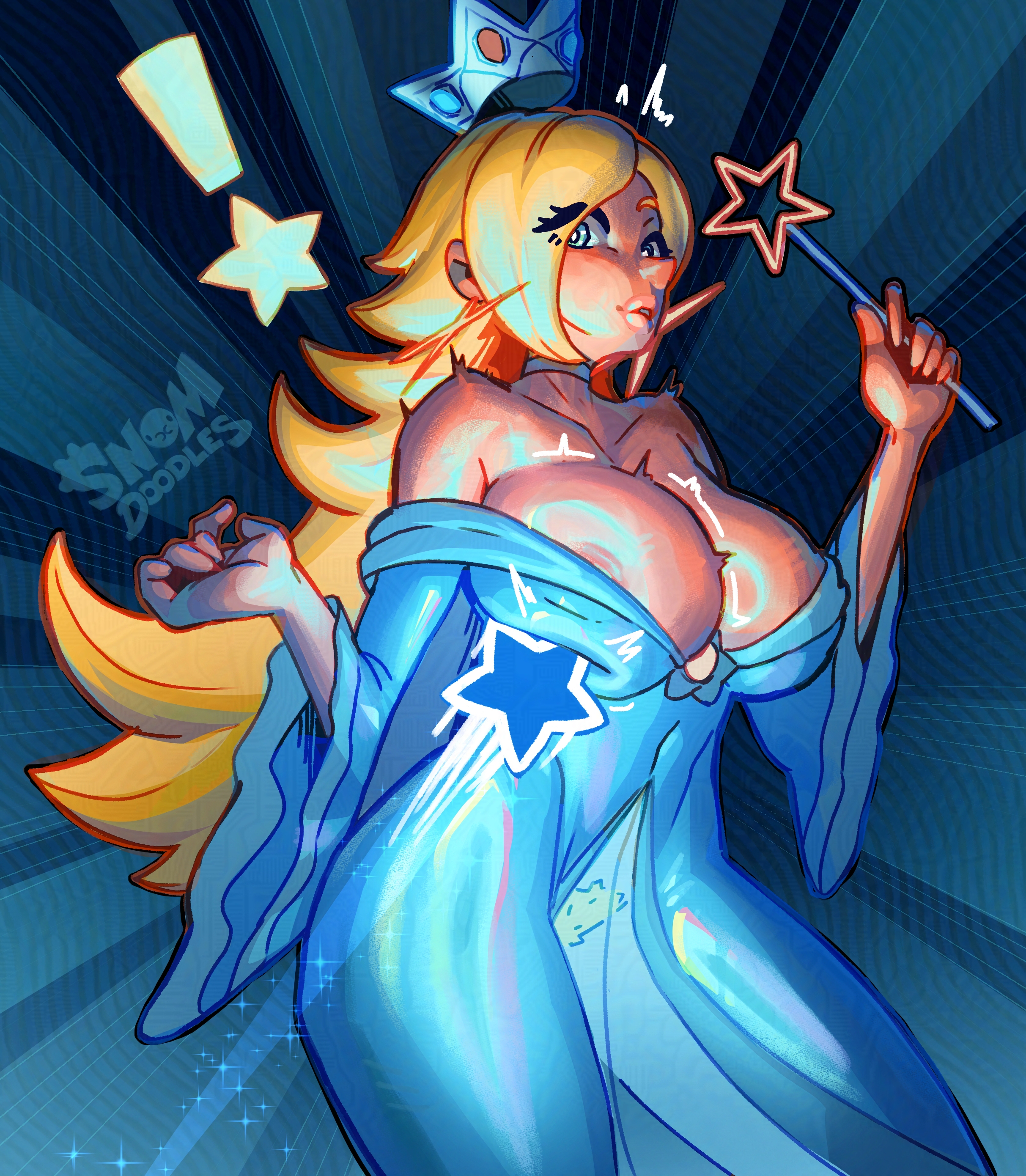 1girls, alternate body type, alternate breast size, ass, big ass, blonde female, blonde hair, bouncing breast, bouncing breasts, breasts, bush, bushy pubes, crown, cute, cute expression, cute face, cute female, dress, exclamation, exclamation mark, exclamation point, exclamation sign, female, female focus, gameplay mechanics, groping, groping breasts, huge ass, huge breasts, jewelry, large breasts, long hair, male, mario (series), mature, mature female, mature male, nintendo, pressing breasts, princess, princess rosalina, pubic hair peek, rosalina, royalty, see-through, see-through clothes, see-through clothing, semi nude, showing breasts, showing off, snomdoodles, star, star (symbol), suggestive, super mario bros., super mario galaxy, surprised, surprised expression, surprised face, surprised look, thick, thick ass, thick thighs, thighs, transparent clothing, wand, wide hips
