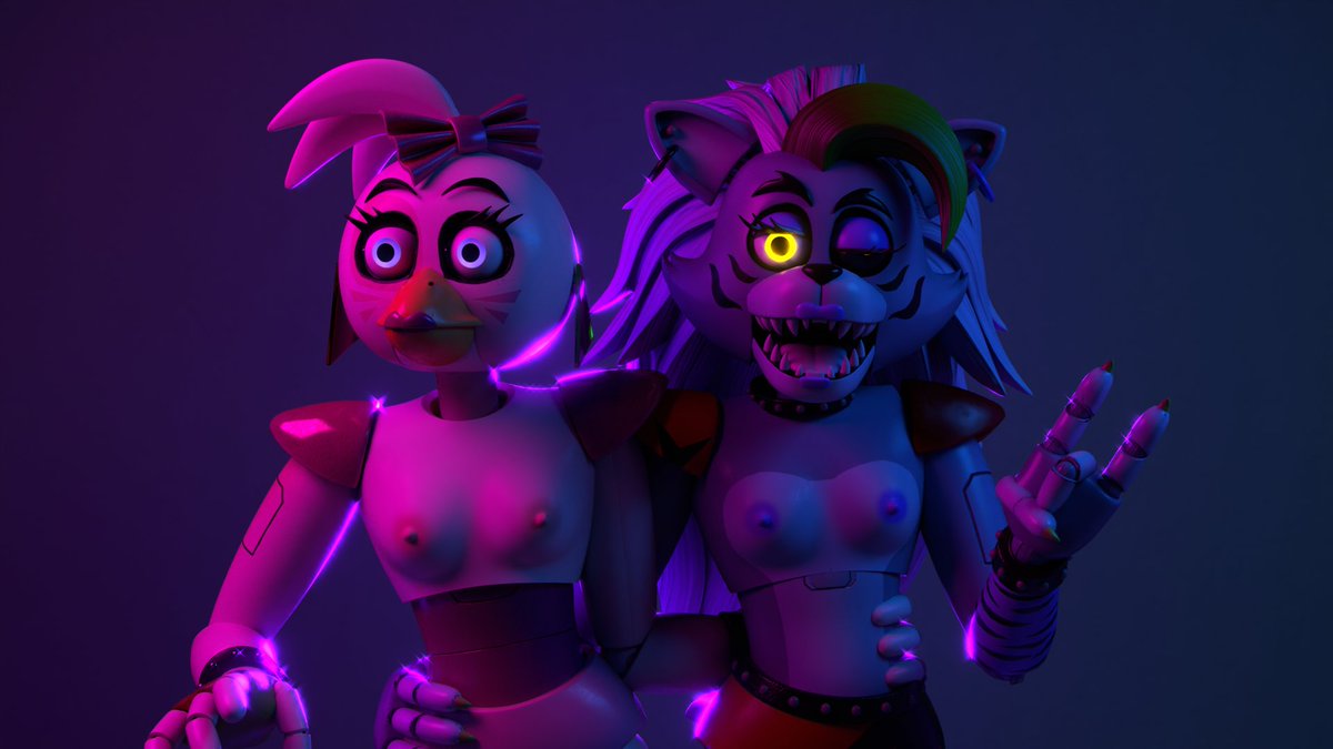 2girls, 3d, animatronic, anthro, ashleyorange, avian, avian humanoid, breasts, female, female only, five nights at freddy's, five nights at freddy's: security breach, glamrock chica (fnaf), medium breasts, nipples, one eye closed, purple eyes, roxanne wolf (fnaf), slithinet, tongue, tongue out, topless, topless female, wolf, wolf ears, wolf girl, wolf humanoid, wolf tail, yellow eyes