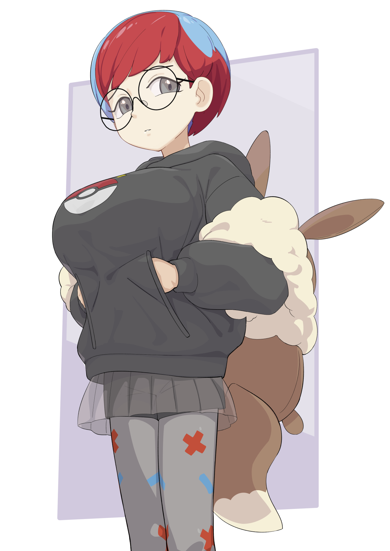 backpack, bag, black hoodie, blue hair, breasts, eevee, female, female focus, gen 1 pokemon, glasses, grey eyes, hands in pockets, highres, hood, hoodie, huge breasts, human, multicolored hair, nanina, nintendo, pantyhose, parted lips, penny (pokemon), pokemon, pokemon sv, print pantyhose, red hair, round eyewear, see-through clothes, see-through shirt, shirt, short hair, solo, standing, two-tone hair