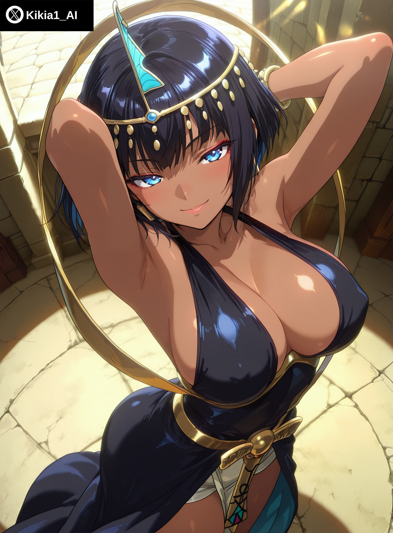 ai generated, armpit fetish, armpits, armpits fetish, arms up, black hair, breasts, cleavage, dark skin, dark-skinned female, dress, eliza (skullgirls), female, female focus, hands behind head, jewelry, kikia1, large breasts, legs together, looking at viewer, narrow waist, presenting armpit, round breasts, short hair, skullgirls, slender waist, slim body, standing