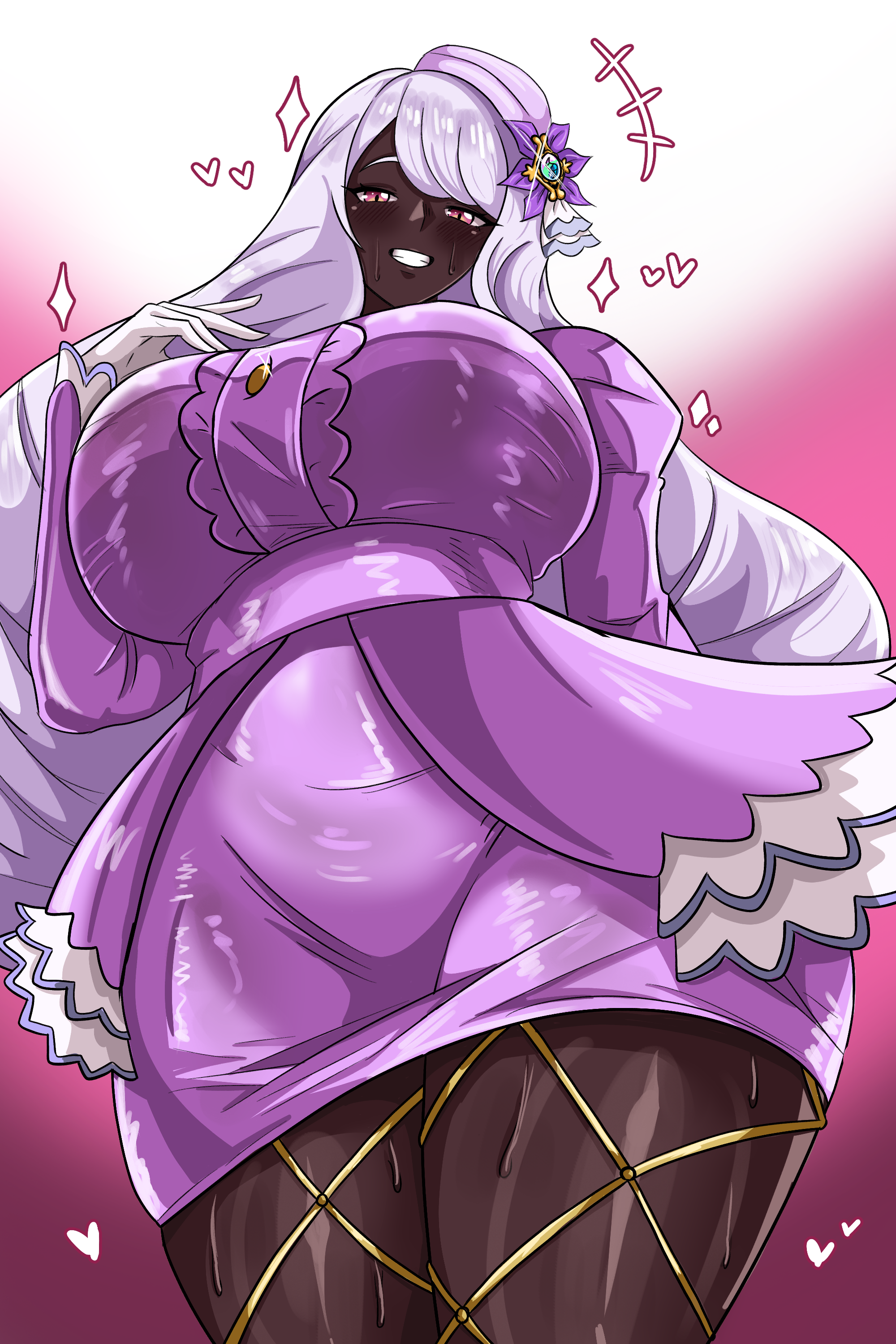 1girls, absurd res, alternate breast size, big breasts, breasts, clothed, clothing, dark skin, dark-skinned female, female, female only, fishnets, grayside, hair ornament, hat, heart, heart symbol, huge breasts, jacinthe (pokemon), large breasts, long hair, looking at viewer, nintendo, pokemon, pokemon legends: z-a, solo, sweat, sweating, thick thighs, thighs, very dark skin, very long hair, white hair, wide hips, yukari (pokemon)