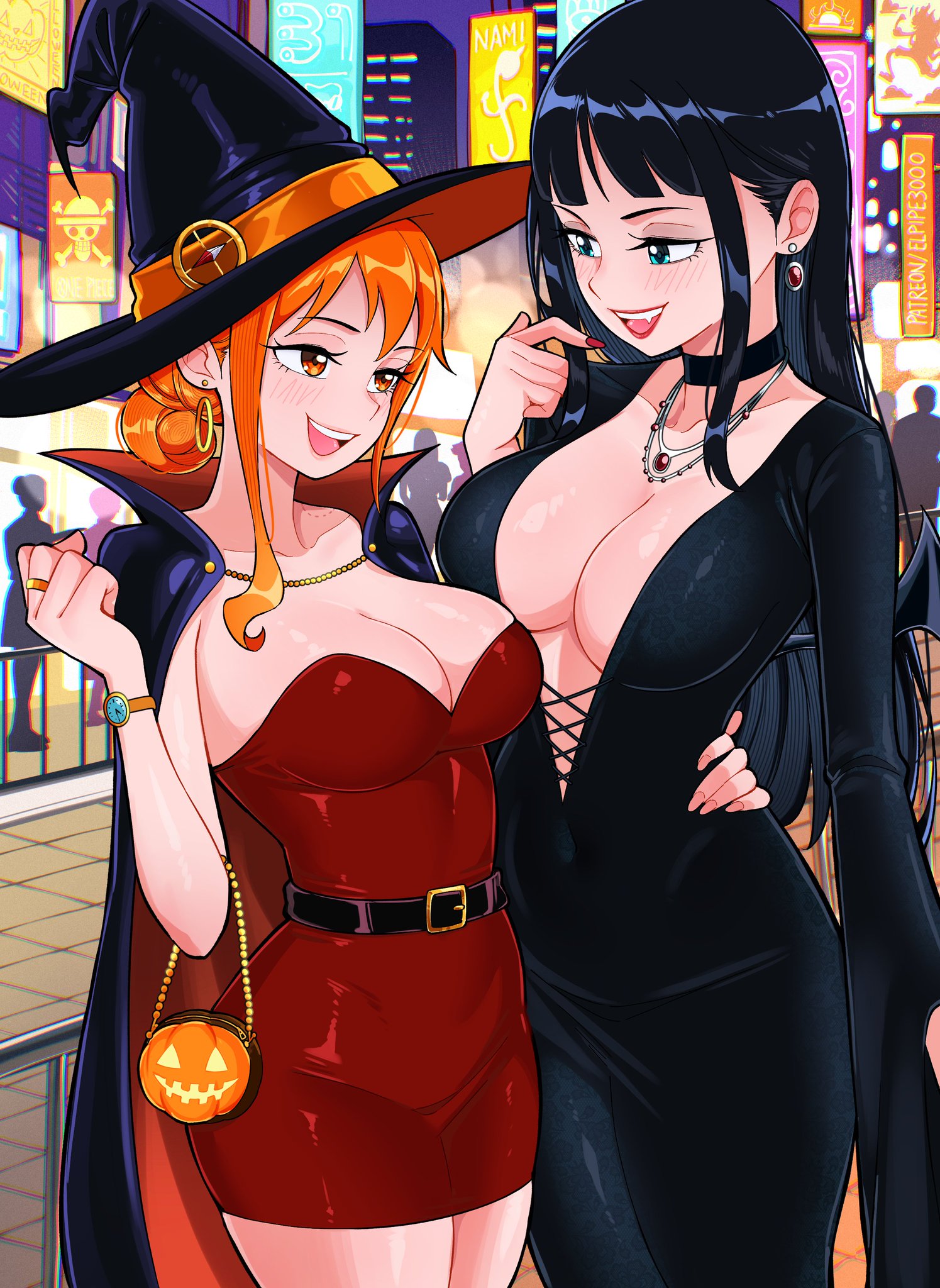 2girls, absurdres, alternate costume, bag, big breasts, black cloak, black dress, black hair, black hat, black-haired female, blue eyes, breasts, bun hair, choker, city, cloak, dress, earrings, elpipe 3000, elpipe3000, female, female only, green eyes, hair bun, halloween, handbag, hat, highres, huge breasts, huge thighs, jewelry, large breasts, long hair, multiple females, multiple girls, nami, nami (one piece), necklace, nico robin, night, one piece, orange eyes, orange hair, orange-haired female, outdoors, red dress, red eyes, red nails, ring, short dress, sidelocks, smile, thighs, watch, witch hat, wristwatch