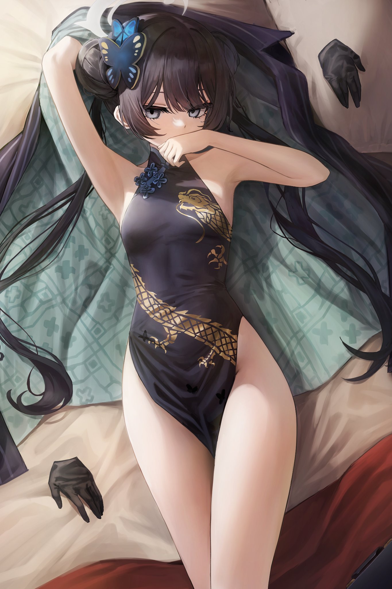 1girls, axillary tail of spence, bangs, black hair, blue archive, butterfly hair ornament, china dress, chirang, dragon print, female, gloves, hair bun, hand over mouth, kisaki (blue archive), long hair, looking at viewer, lying on back, lying on bed, qipao, solo