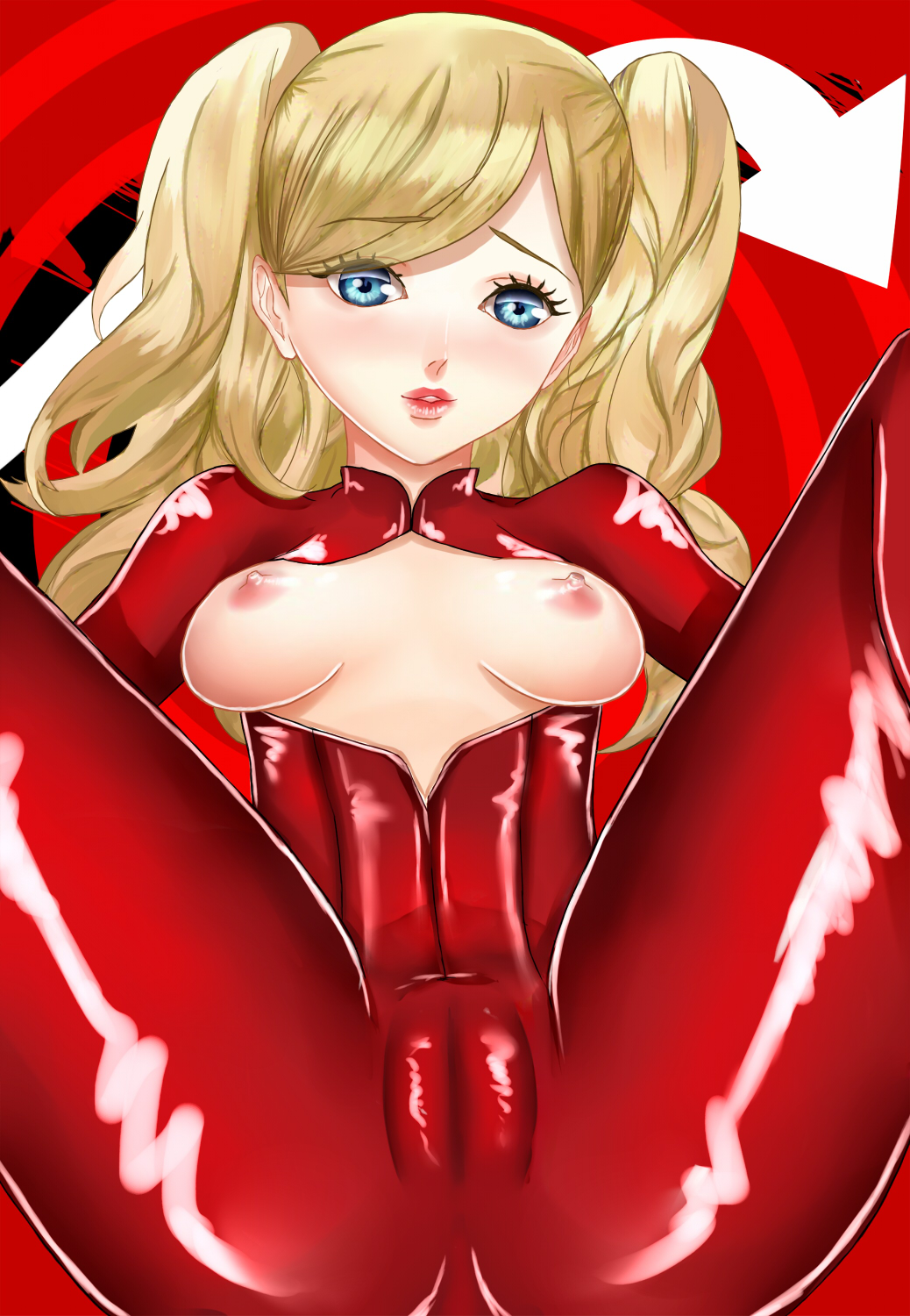 ann_takamaki areolae blonde_hair blue_eyes blush bodysuit breasts cameltoe clothing female female_only human nipples pale_skin persona persona_5 phantom_thief_suit pinkkitty solo twintails