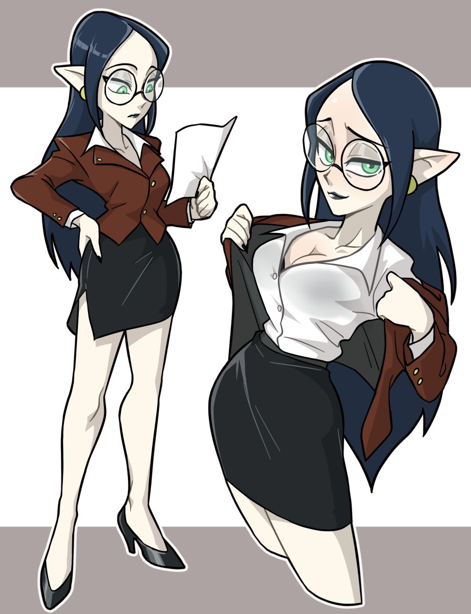 1girls, 2025, breasts, centinel303, cleavage, clothed, clothed female, clothing, disney, dress shirt, female, female only, footwear, glasses, green eyes, heels, lilith clawthorne, long hair, looking at viewer, mature, mature female, mature woman, milf, office clothing, office lady, pointy ears, questionable, skirt, smiling at viewer, solo, solo female, ta-na, the owl house