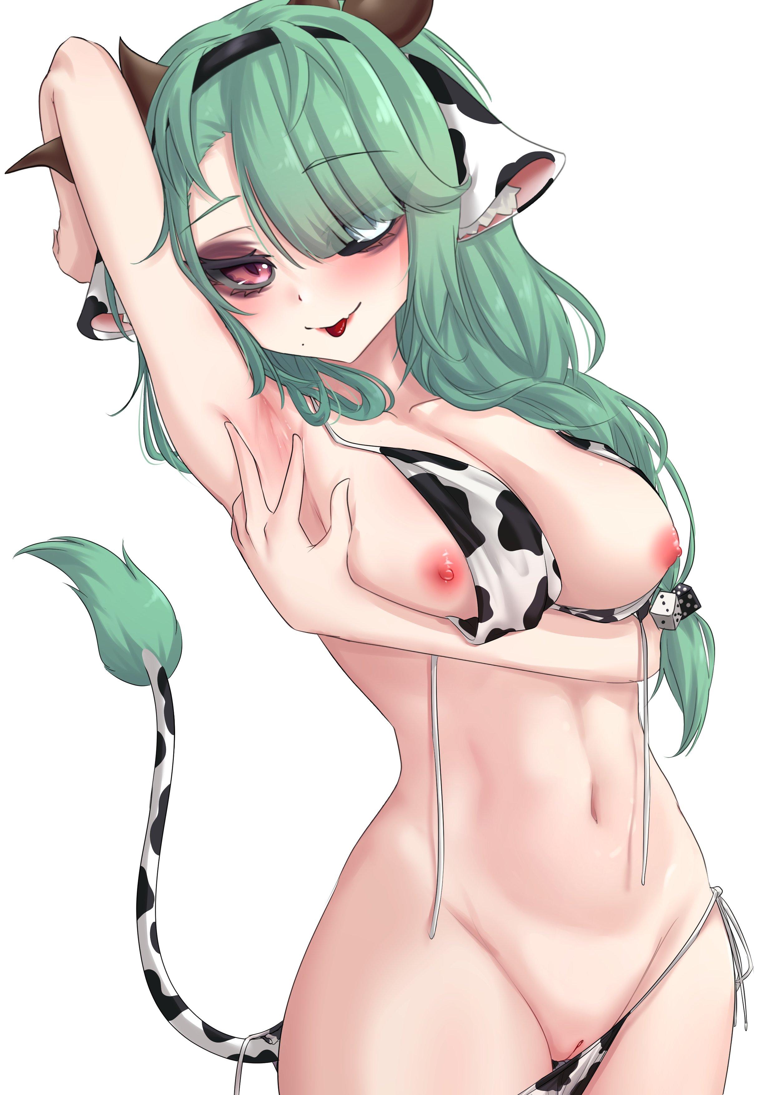 1girls, animal ears, armpit fetish, armpits, big breasts, bikini, bikini aside, blue eyes, breasts, breasts out, cow ears, cow girl, cow horns, cow print, cowkini, crelly, female, green hair, heterochromia, horns, indie virtual youtuber, large breasts, legs, midriff, nipples, pussy, red eyes, ritspi, side ponytail, smile, tanline, thighs, tongue, vagina, virtual youtuber, vtuber
