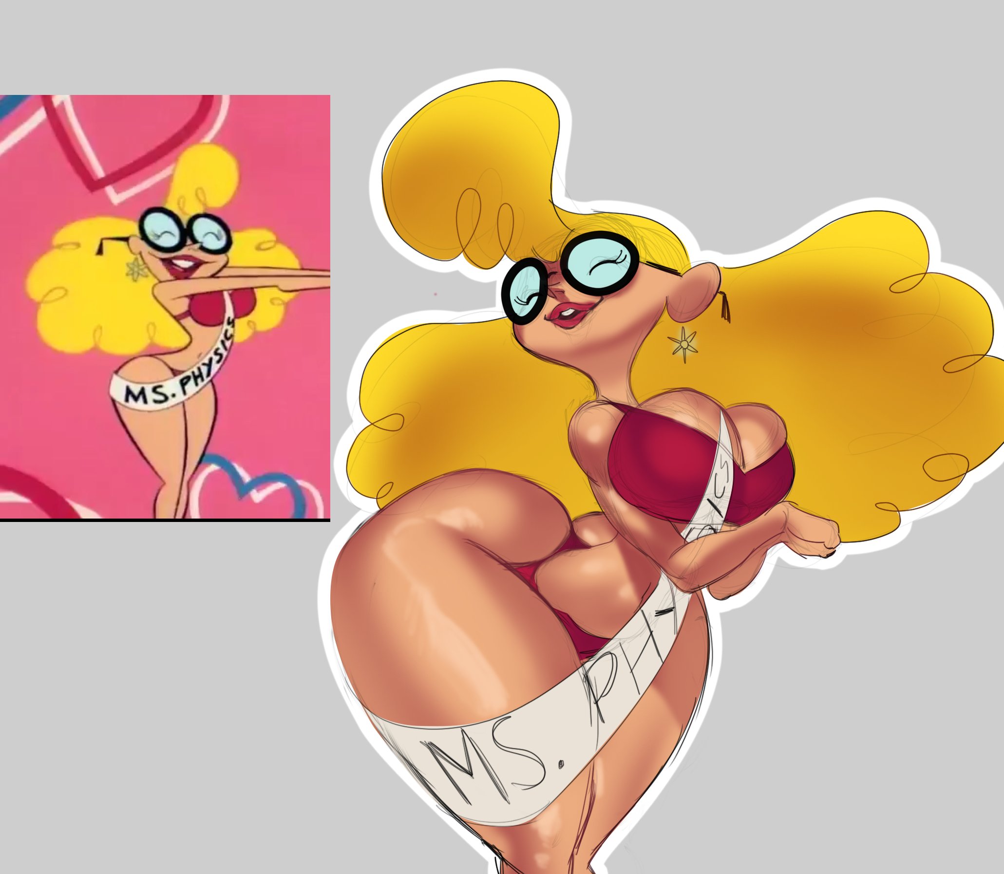 1girls, big breasts, bikini, blonde hair, breasts, cartoon network, cleavage, closed eyes, dexter's laboratory, female, glasses, lipstick, miss physics, red bikini, sash, smile, solo female, standing, thick thighs, undergroundj, wide hips