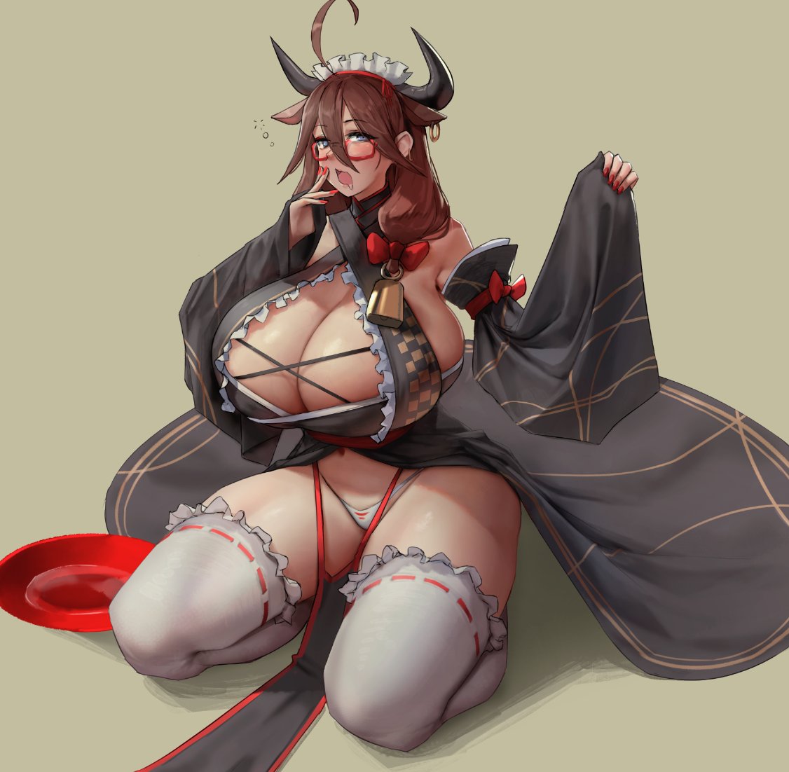 1girls, breasts, cleavage, eu03, female, female only, horns, huge breasts, looking at viewer, original, panties, simple background, solo, thick thighs, thighhighs, wide hips