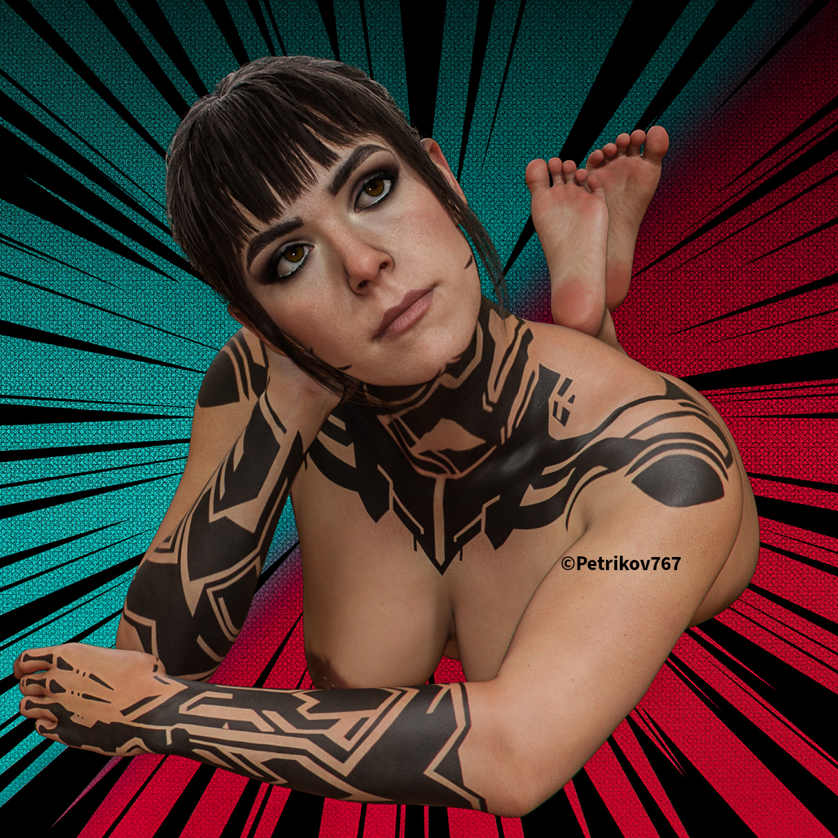 1girls, 3d, 3d (artwork), bangs, big breasts, black, black hair, breasts, brown nipples, call of duty, call of duty black ops 7, emma kagan, feet in frame, female, hair, laying, lying on stomach, petrikov767, self upload, soles, soles of feet, tattoo, thinking pose, toes