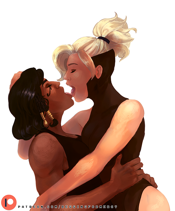 2girls begging-for-mercy dark-skinned_female female interracial kissing lifting light-skinned_female mercy muscle overwatch pharah tongue yuri