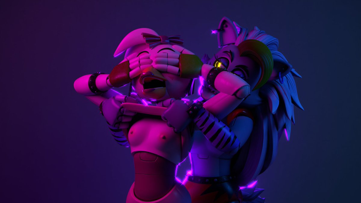2girls, 3d, animatronic, anthro, ashleyorange, avian, avian humanoid, breasts, female, female only, five nights at freddy's, five nights at freddy's: security breach, glamrock chica (fnaf), medium breasts, nipples, purple eyes, roxanne wolf (fnaf), showing breasts, showing off, slithinet, tongue, tongue out, topless, topless female, wolf, wolf ears, wolf girl, wolf humanoid, wolf tail, yellow eyes
