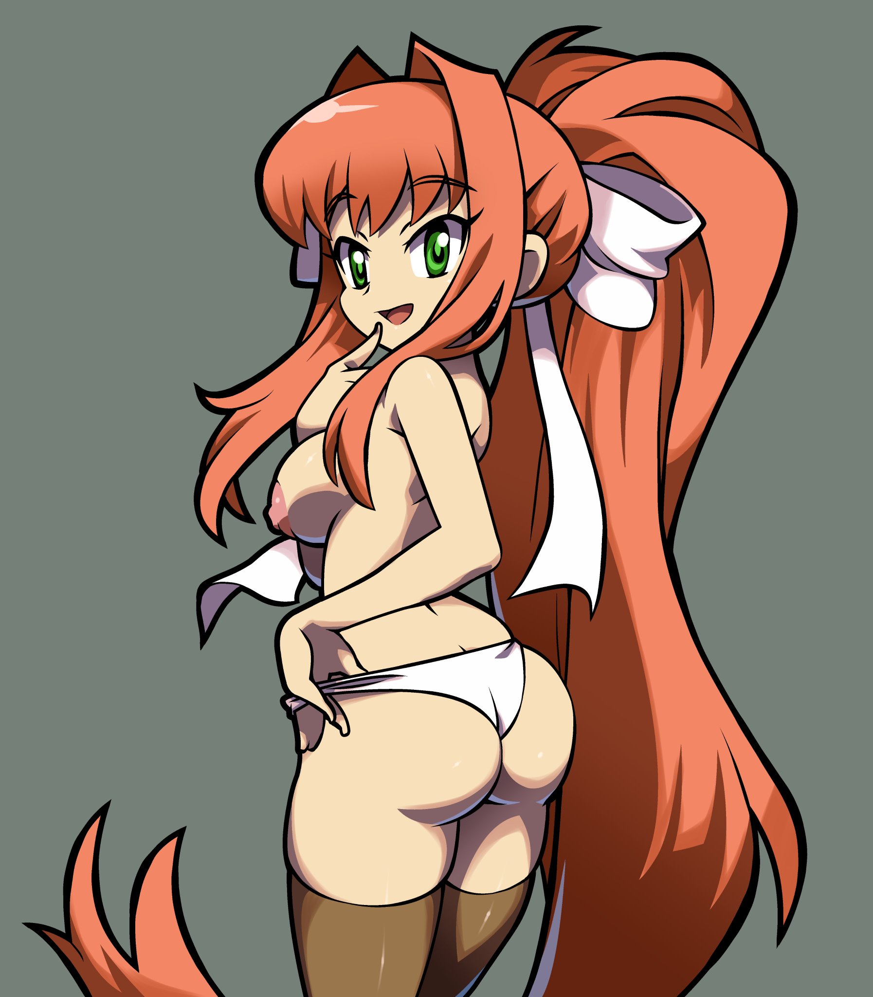 ass, ass focus, back view, big ass, breasts, bubble ass, bubble butt, commission, dat ass, doki doki literature club, fat ass, female, green eyes, monika (doki doki literature club), niyuyu, open mouth, panties, plapbait, ponytail, ribbon, stockings, thumb in panties, white panties
