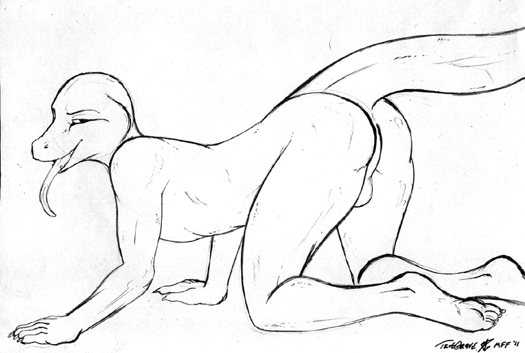 2011 5_fingers 5_toes all_fours anthro ass balls biped black_and_white claws feet full-length_portrait line_art lizard long_tail long_tongue looking_at_viewer male male_only monochrome nude open_mouth pen_(artwork) perineum portrait presenting presenting_hindquarters reptile scalie seductive side_view signature simple_background snout solo spazz_(stripes) toe_claws toes tongue tongue_out traditional_media_(artwork) truegrave9 white_background